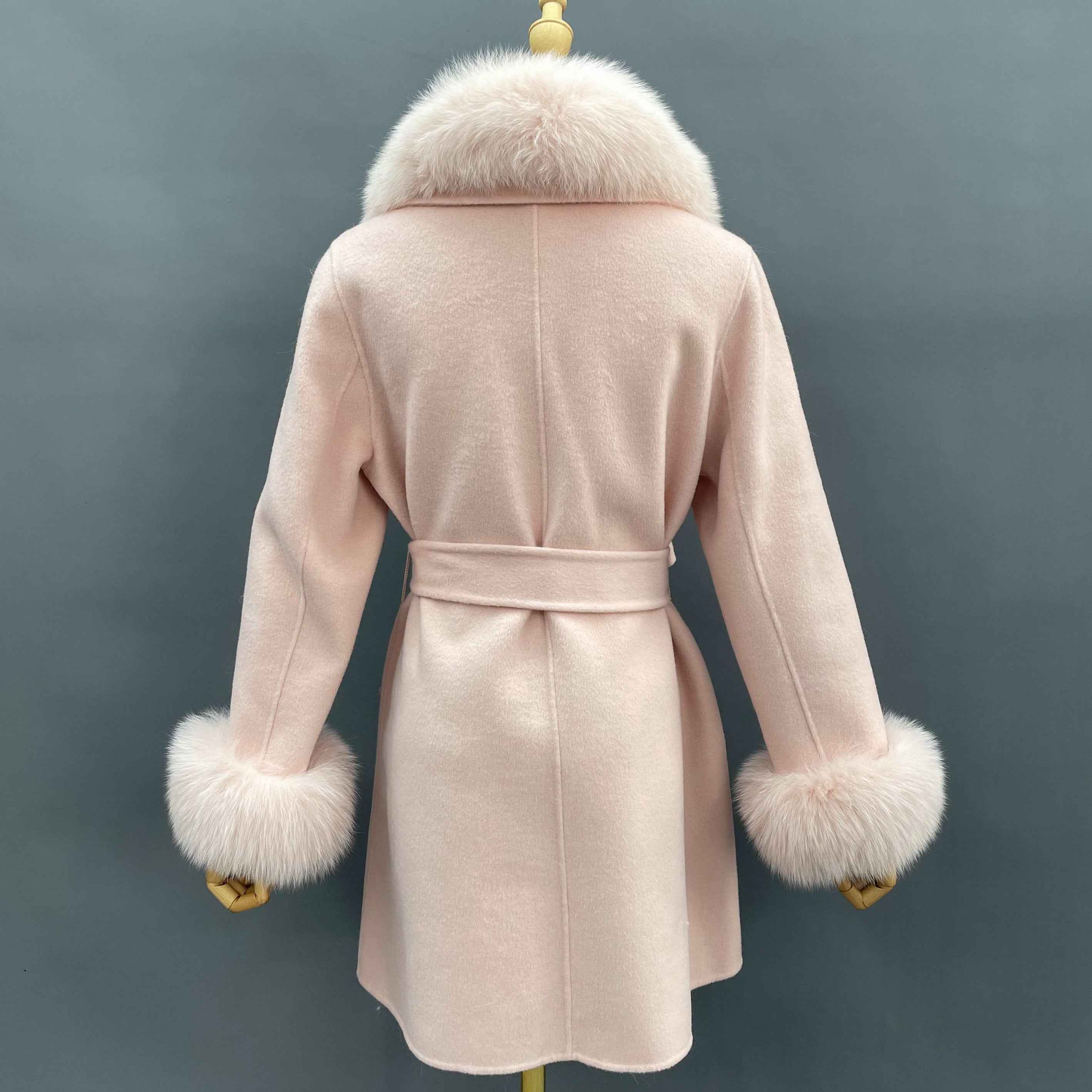 Women's Luxury Double - Faced Wool Coat with Fox Fur Collar & Cuffs, Notched Collar, Double - Breasted, Belted Mid - Length Outerwear