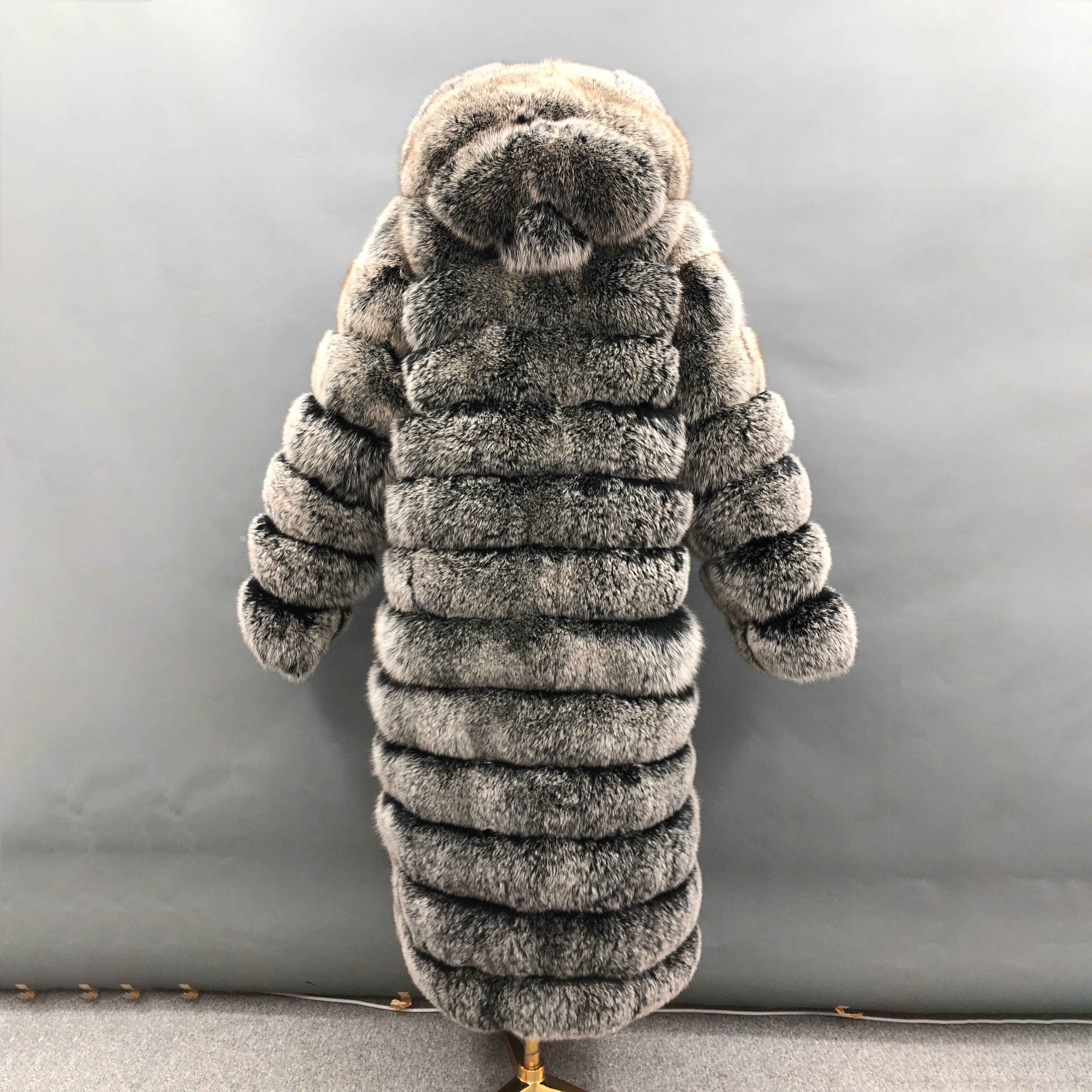 Women's Luxury Black Base White Tip Fox Fur 12-Panel Long Coat - Winter Warm Fashion Jacket