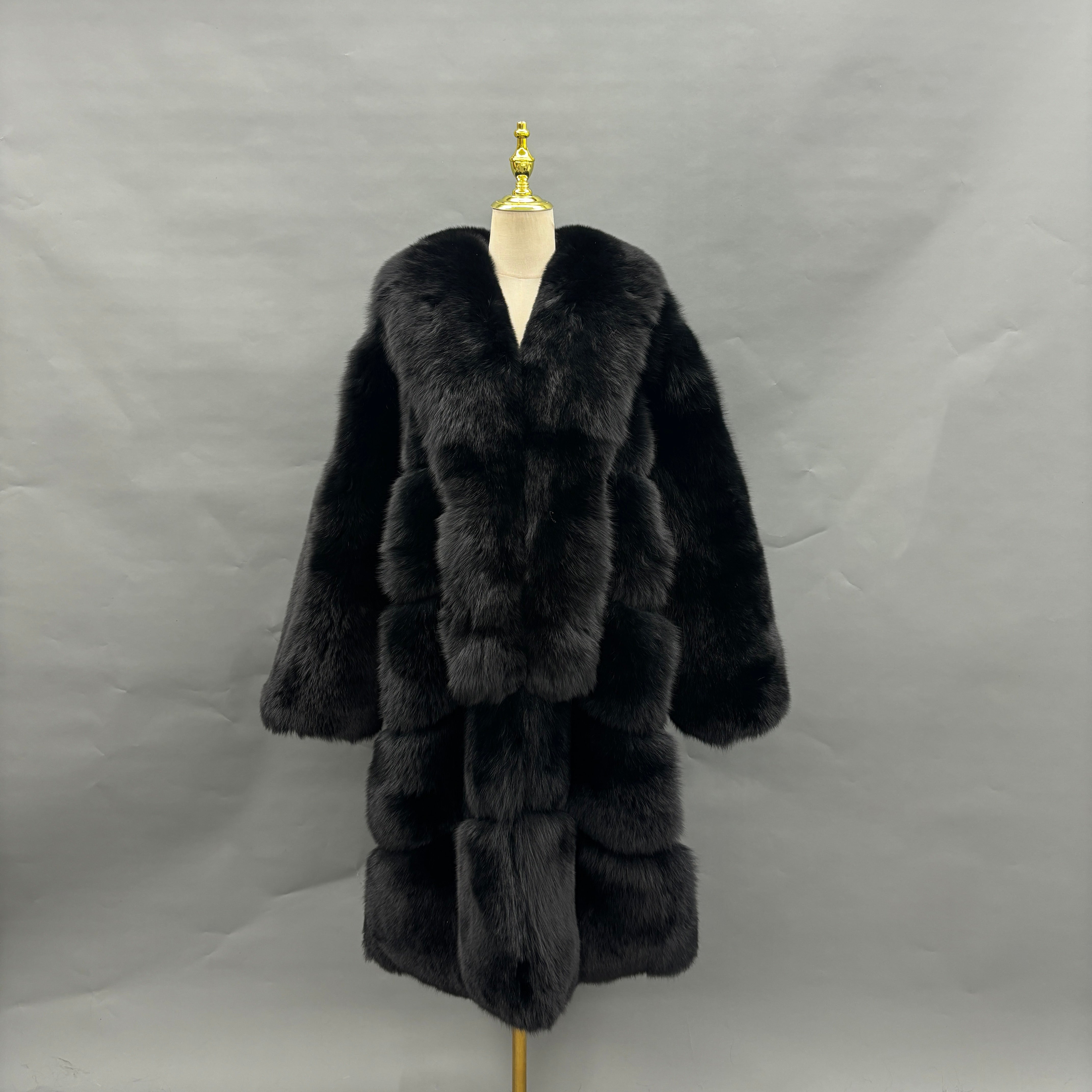 Women's Long Golden Island Fox Fur Coat with Extra Long Collar – Real Luxury Winter Fur Jacket Black