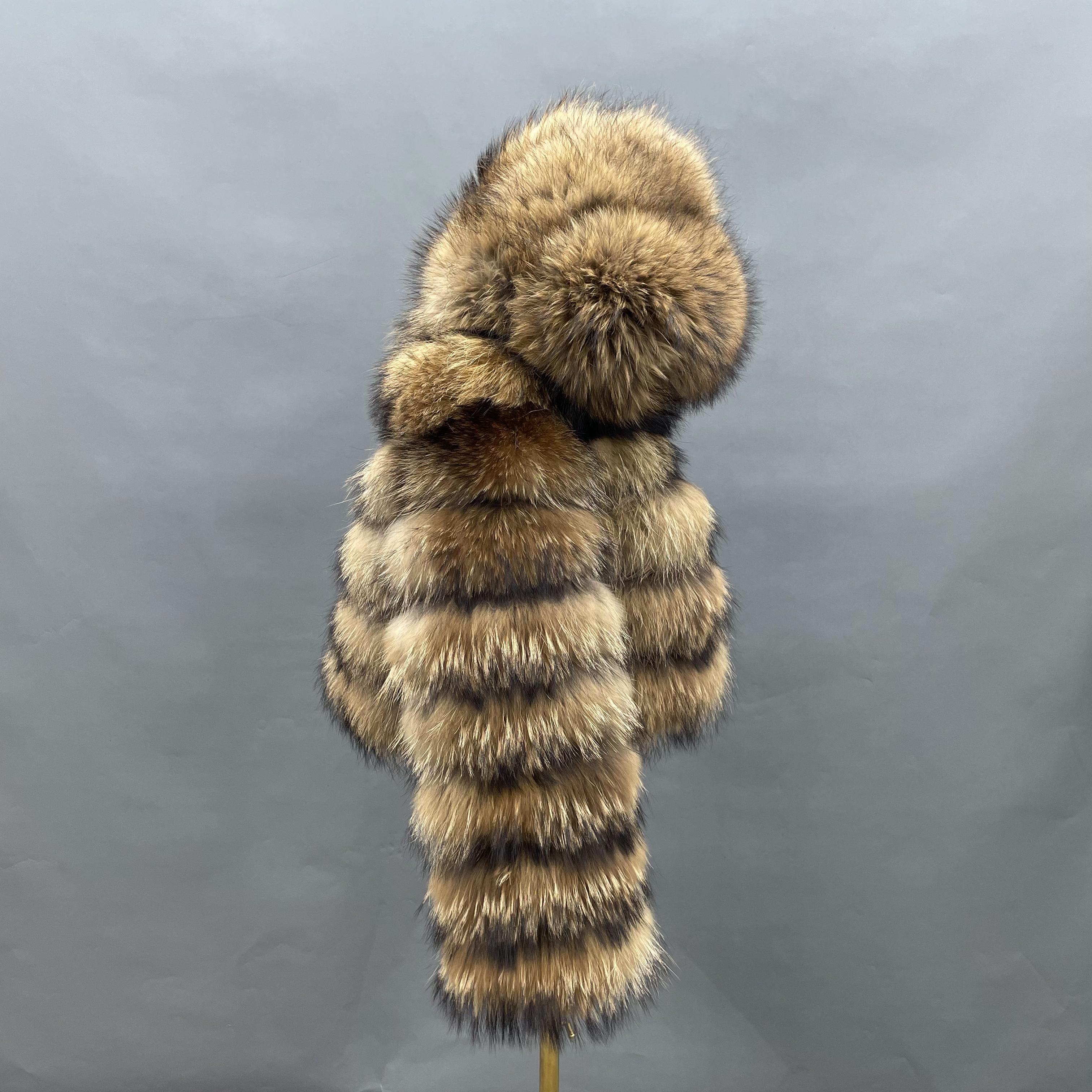 Women's Short Raccoon Fur Jacket with Hood and Zipper – 5-Section Real Fur Coat for Winter