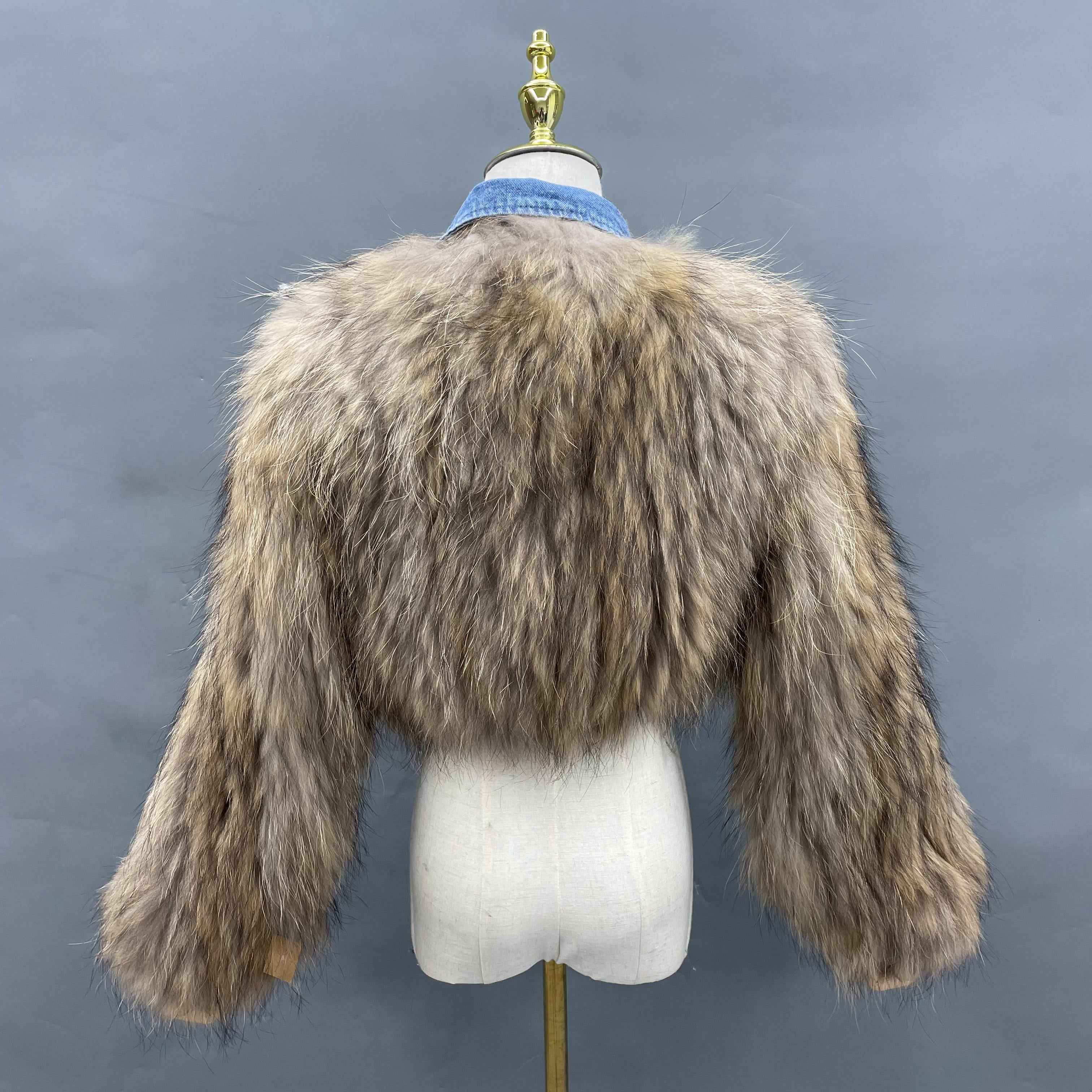Women's Luxurious Knitted Raccoon Dog Fur Cropped Jacket with Denim Collar & Details - Edgy Winter Outerwear