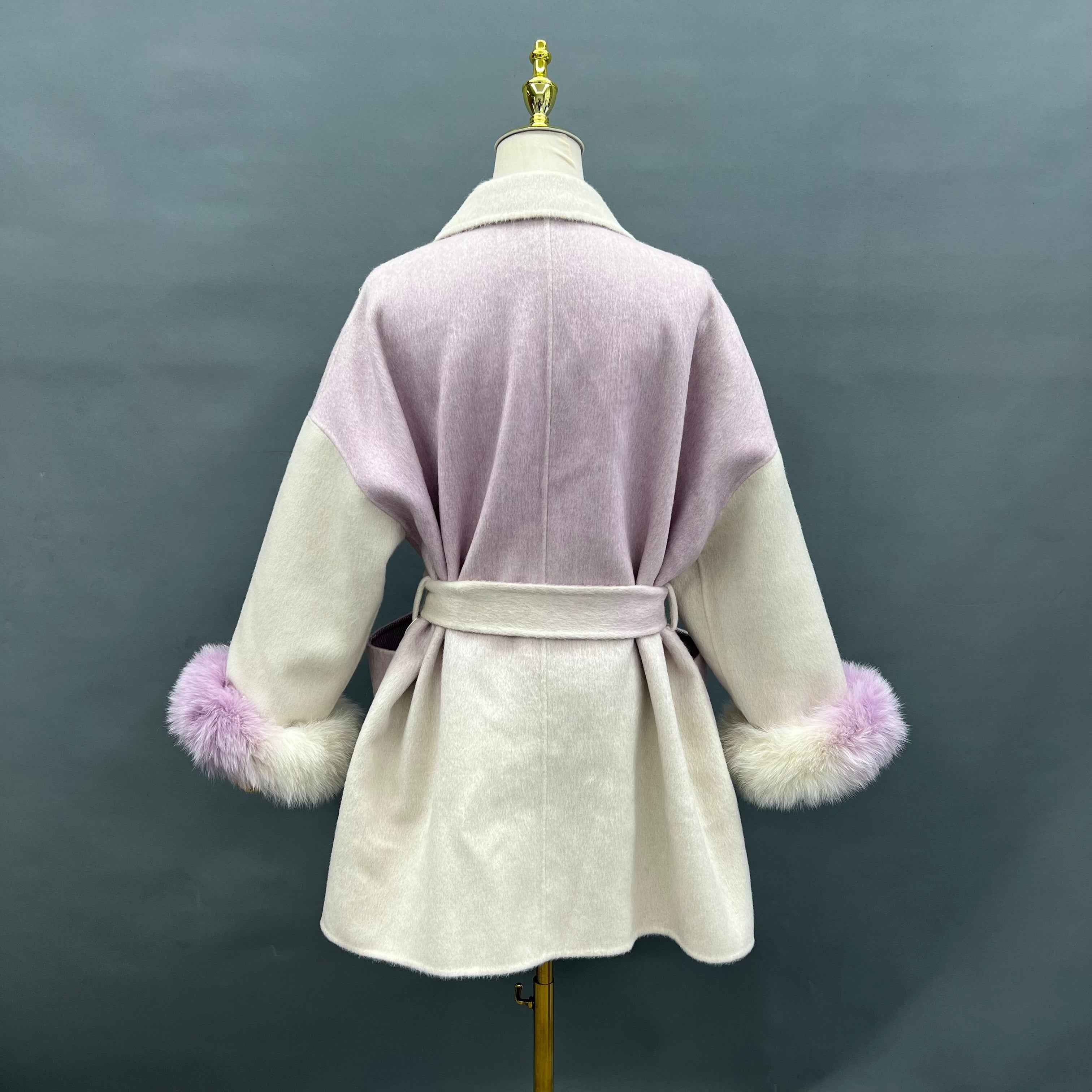 Gradient Color Double Faced Wool Cashmere Coat with Fur Cuffs - Tie Waist Winter Outerwear