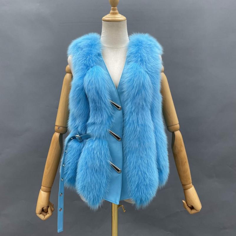 Vertical Stripe Buckle Decorated Draped Fox Fur Vest (Short) - Janefur