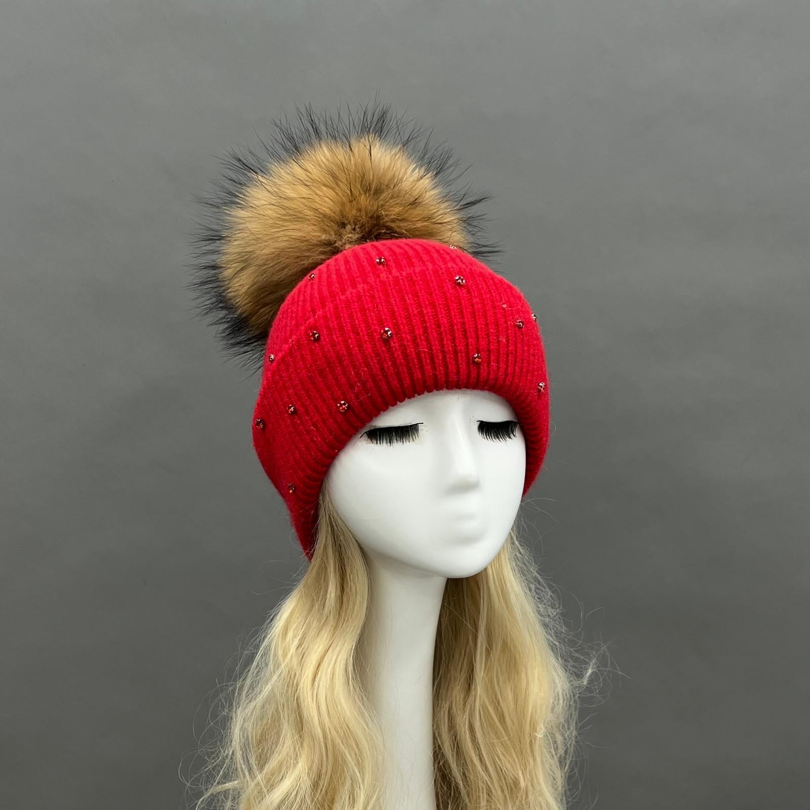 Women's Warm and Casual Rabbit Fur Hat with Sparkling Fur Pompoms - Janefur