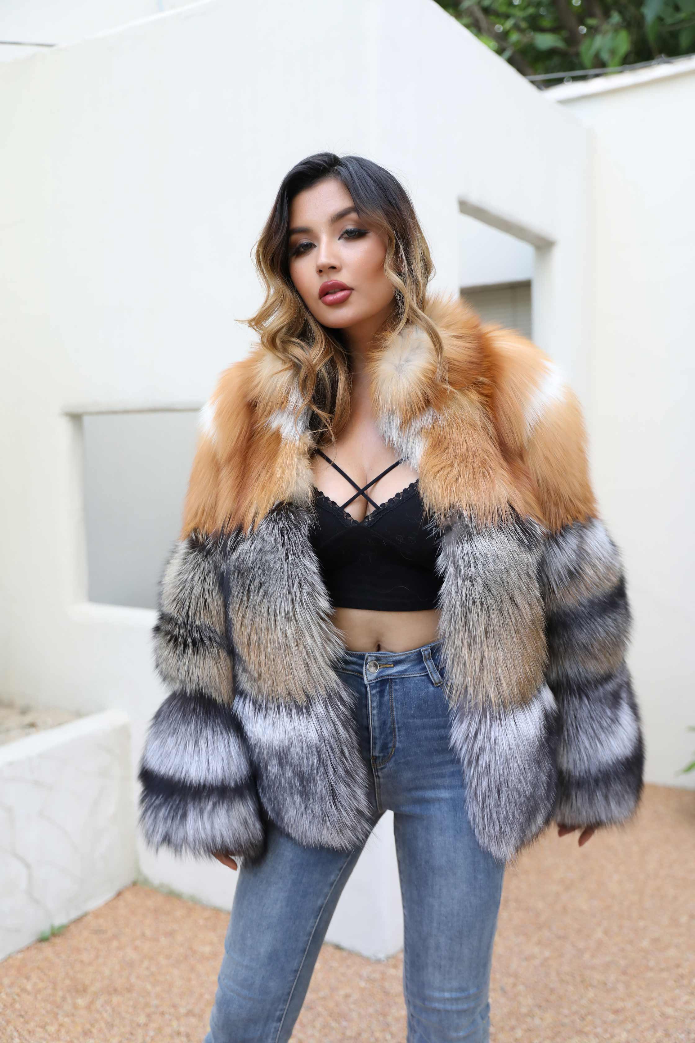 Standing Collar Real Fox Fur Silver Fox Winter Women's Coat - Janefur
