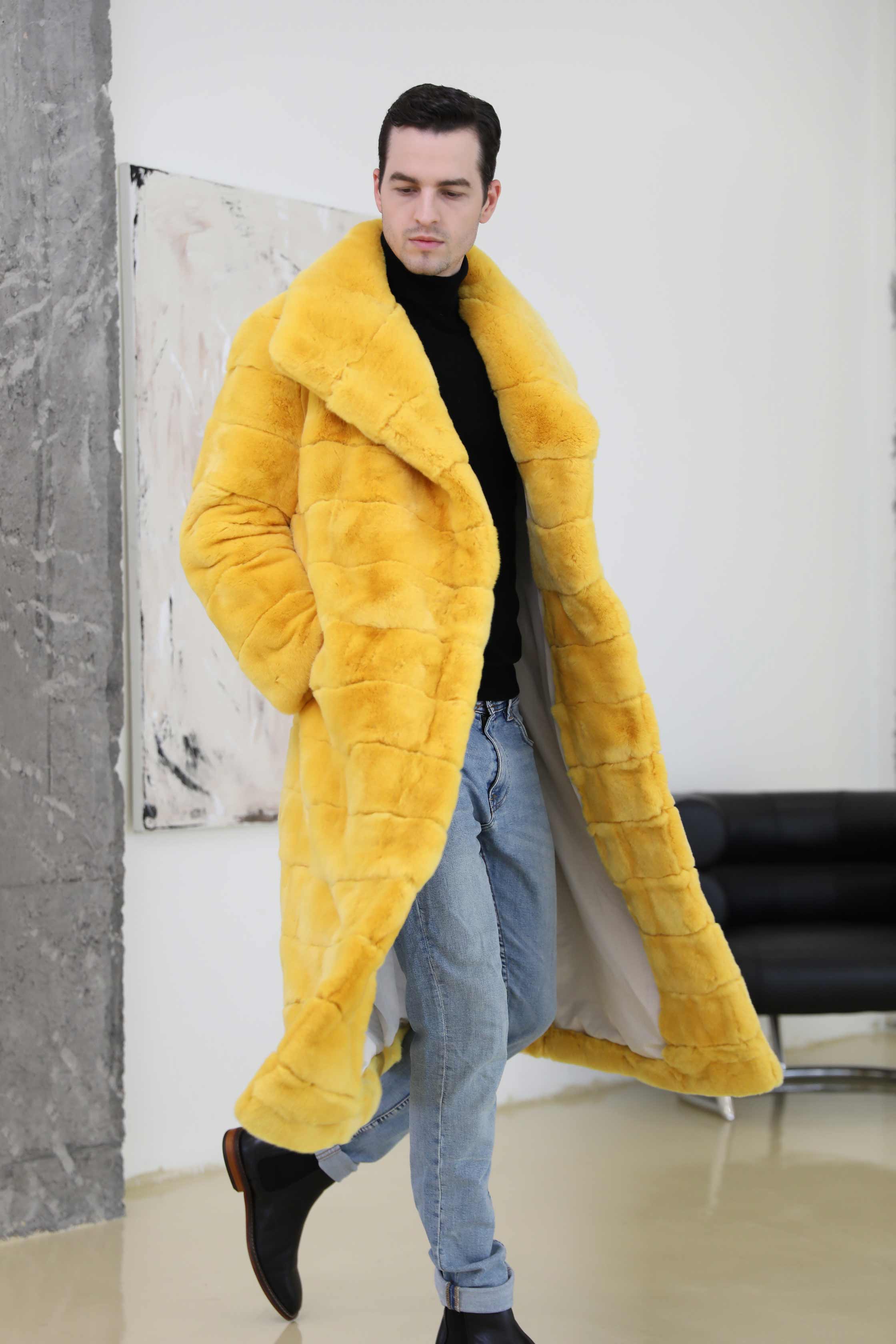 Winter Men's Lapel Soft Rabbit Fur Long Fashion Coat - Janefur