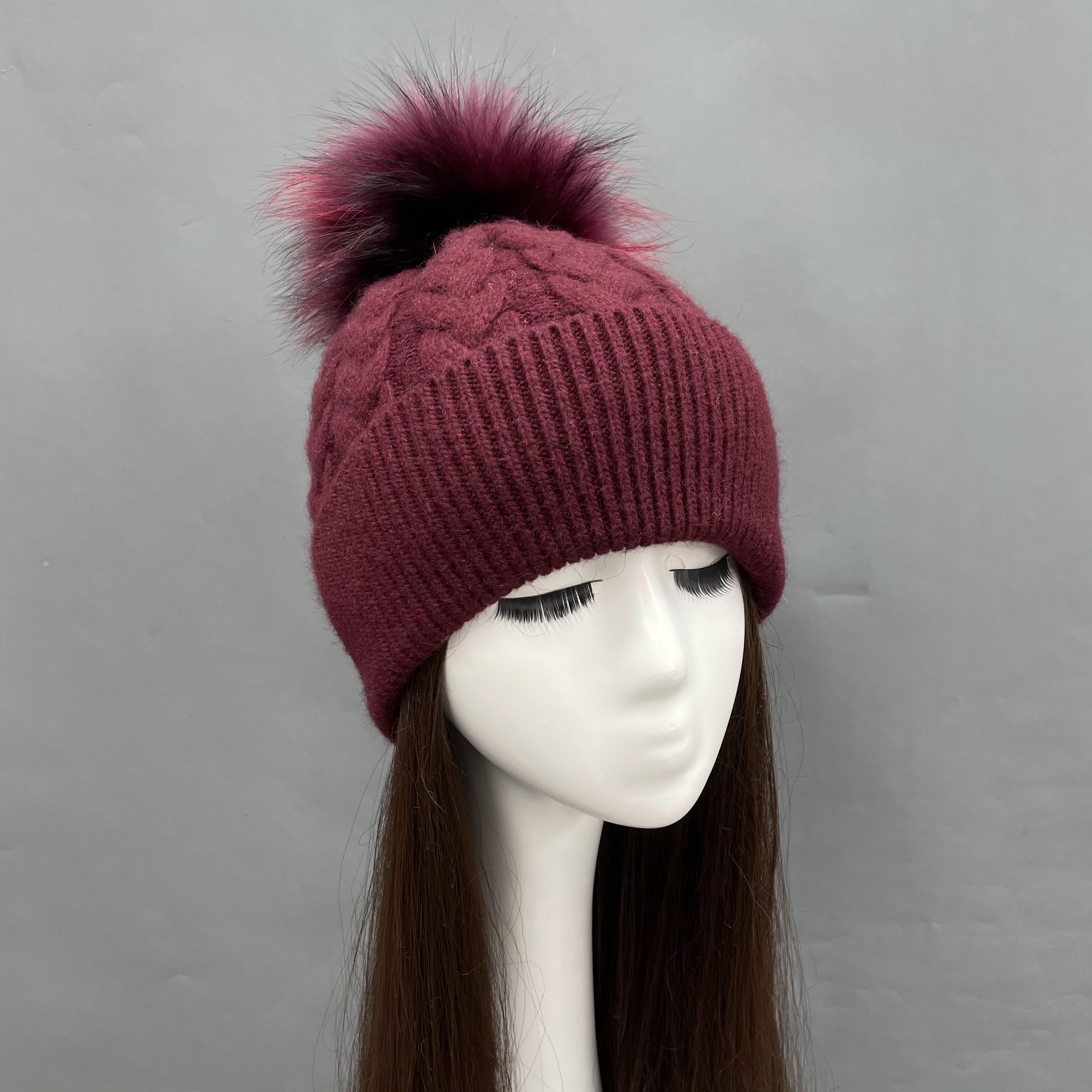 Ladies Beanie Hat Angora Knitted Raccoon Fur Pom Pom Warm Hat - Janefur