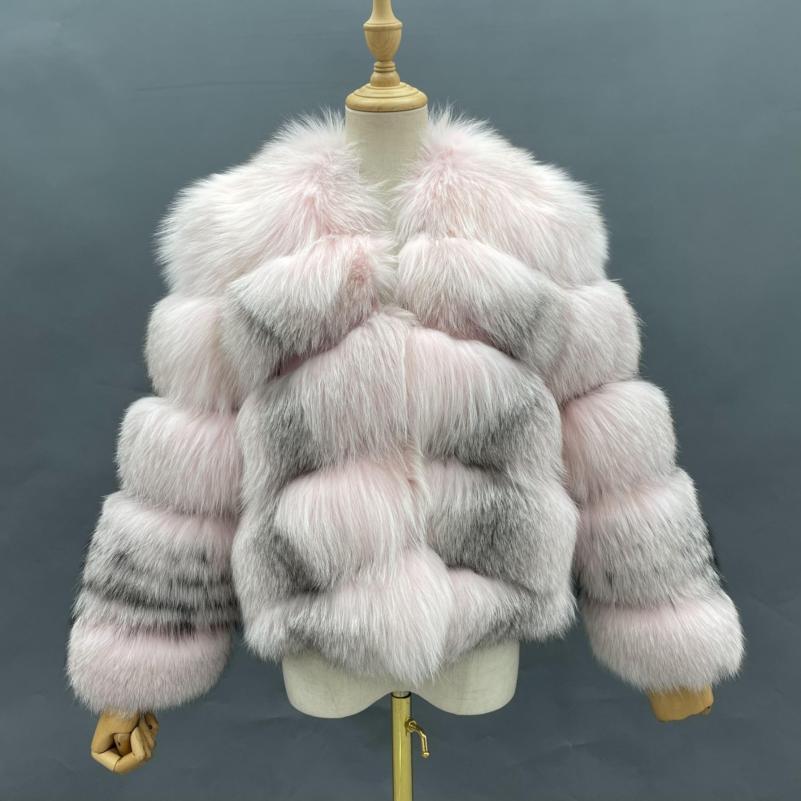 Winter Fox Fur Coat Cross Fox Sleeve Gradient Real Fox Fur Coat - Janefur
