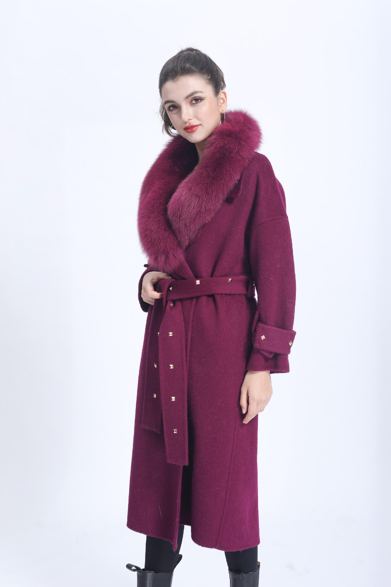 Women's Double-faced Wool Coat with Large Fur Lapel and Rivet Buttons Cashmere Jacket - Janefur