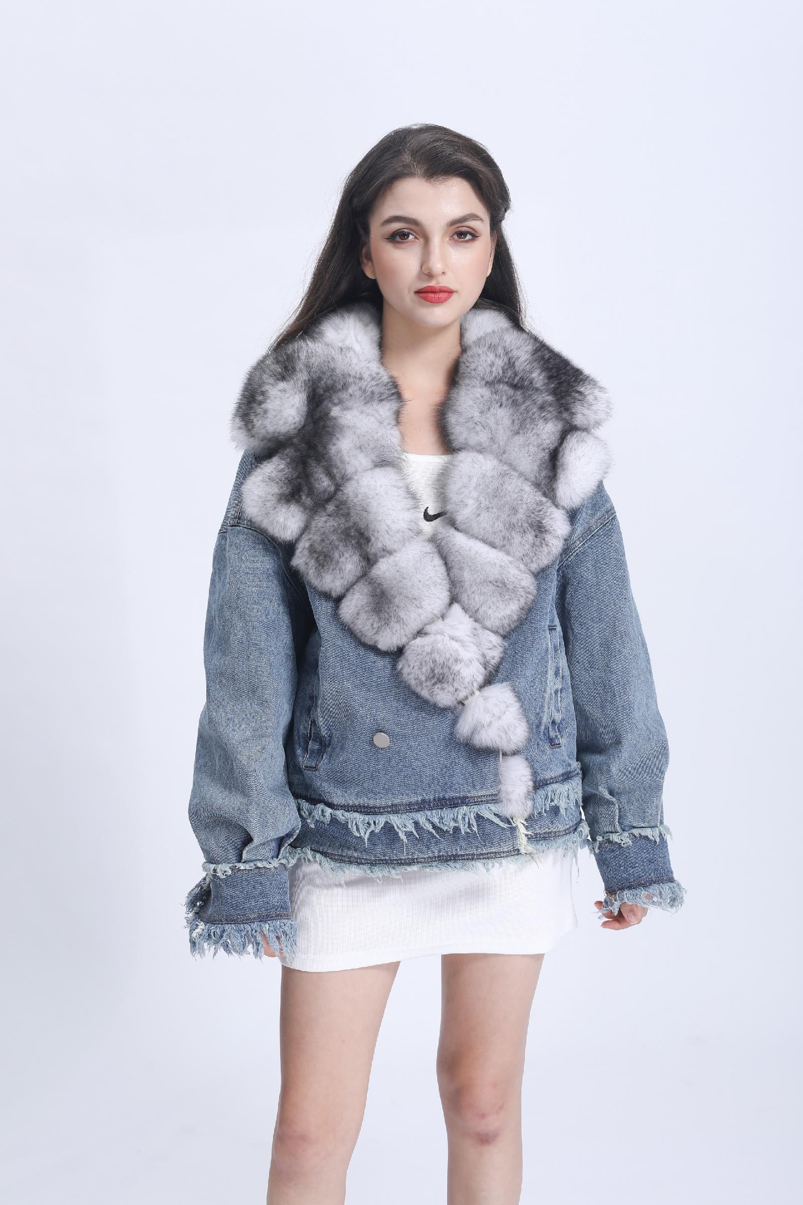 Women's Denim Jacket Leather Large Fox Fur Collar Winter Luxury Coat Fluffy Jacket Denim Blue Down Outerwear - Janefur