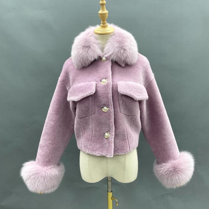 Pearl Button Lapel Shearling Short Jacket - Janefur