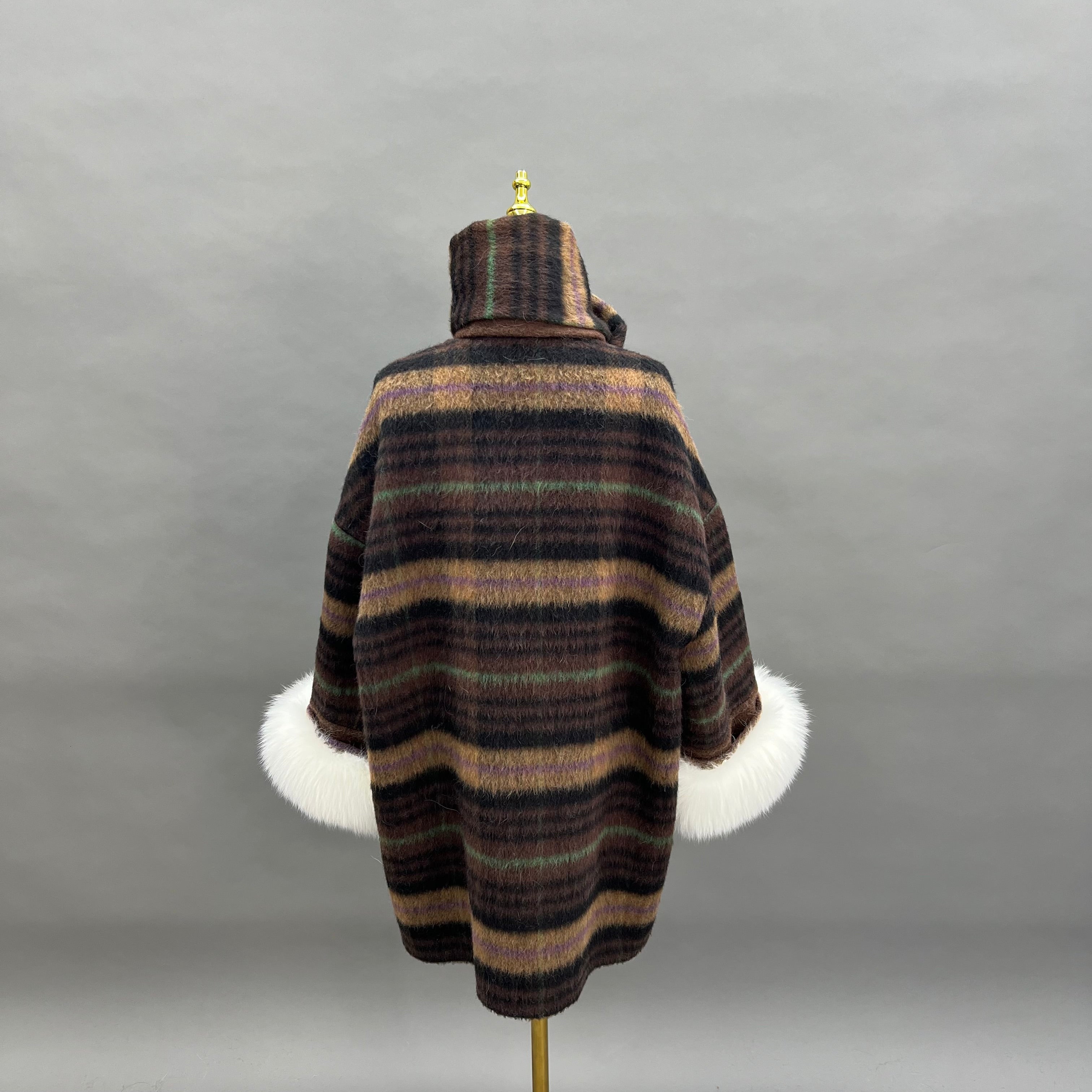 Luxury NEW Winter Wool Coat with Built-in Scarf & Real Fox Fur Cuffs – Women's Winter Plaid Overcoat - Janefur