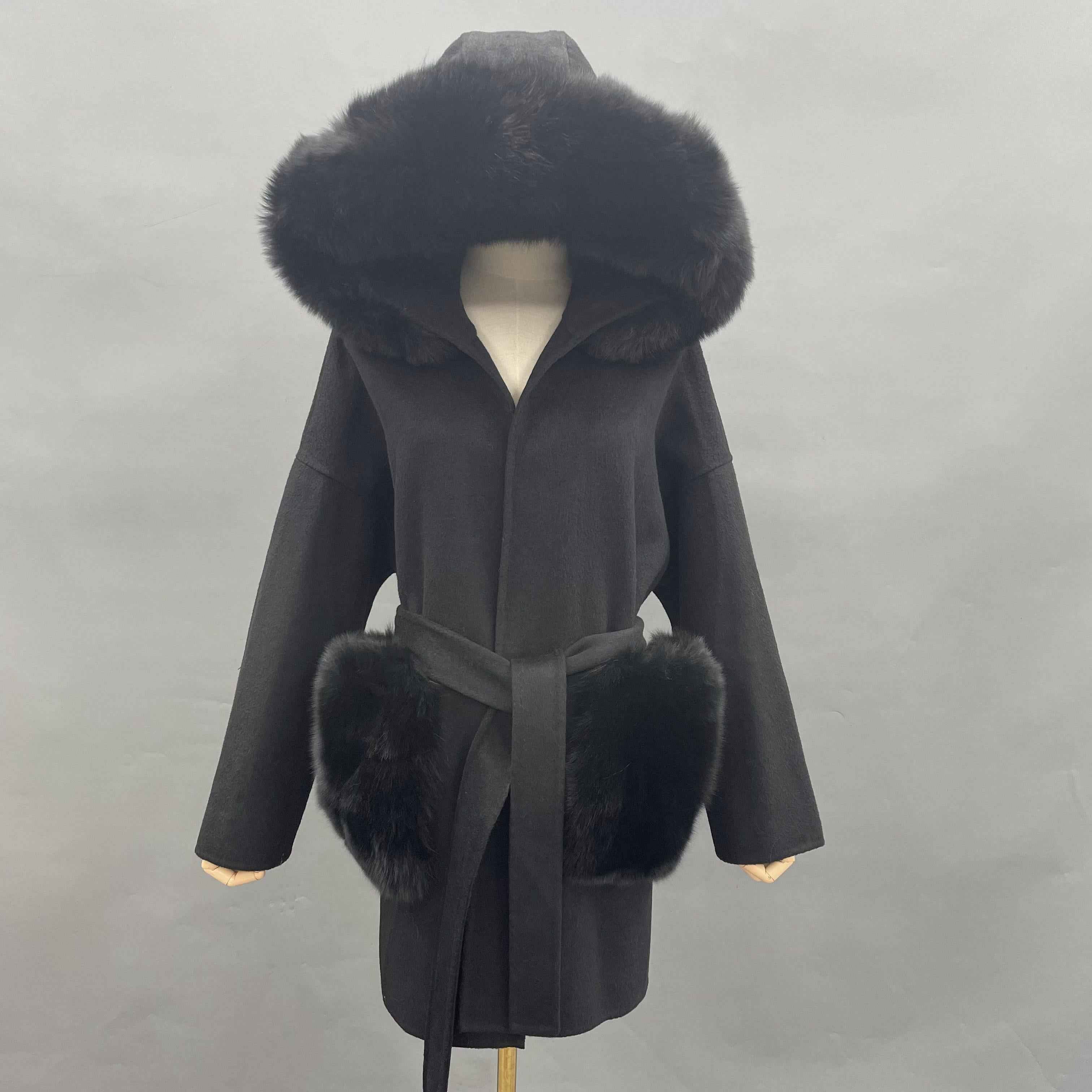Cashmere Short Coat Women's Fashion Casual Hooded Jacket with Fur Pockets and Fur Collar Double-faced Wool Coat - Janefur