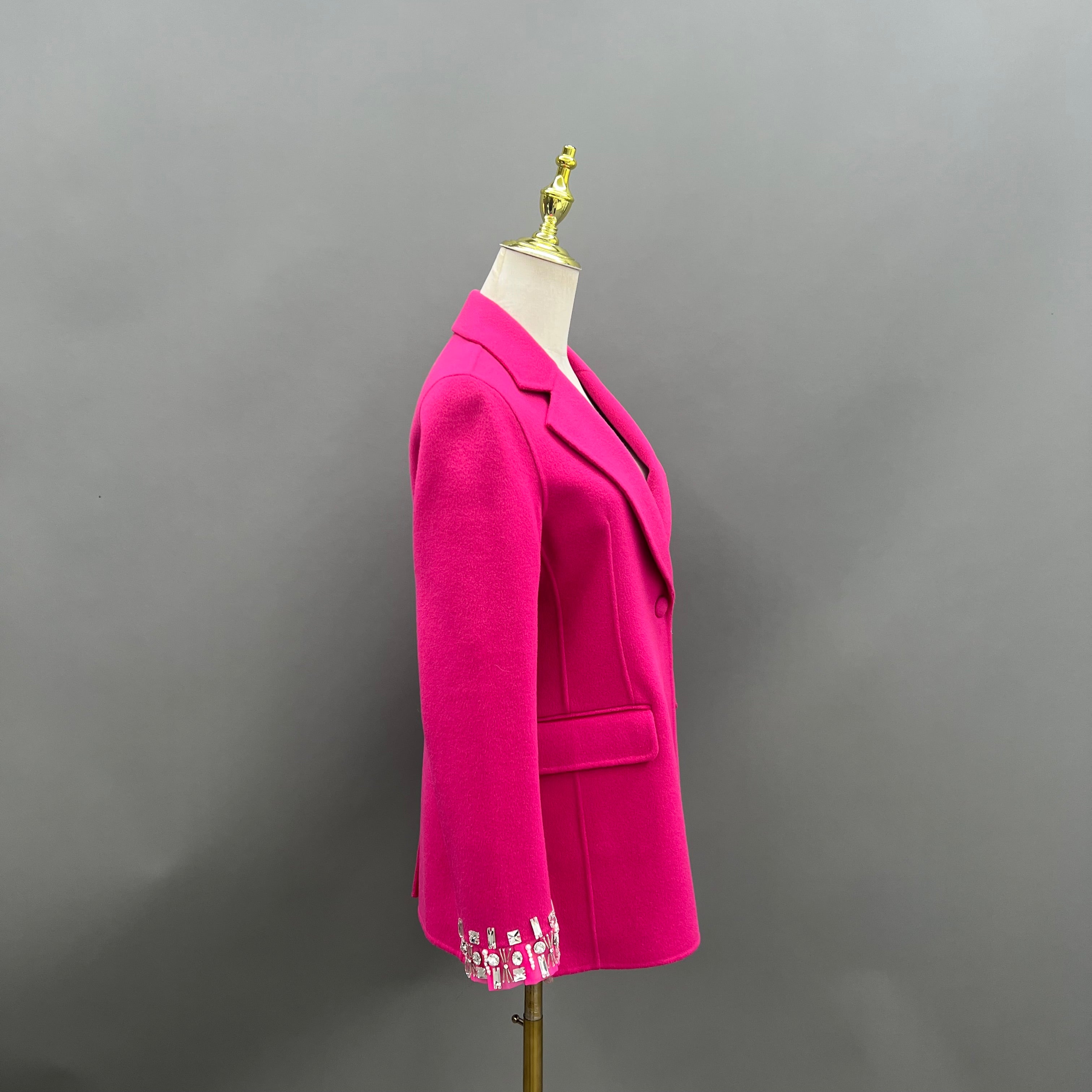 Tailored Double-Faced Wool Blazer with Rhinestone Cuff Embellishments – Hot Pink Statement Coat for Women - Janefur