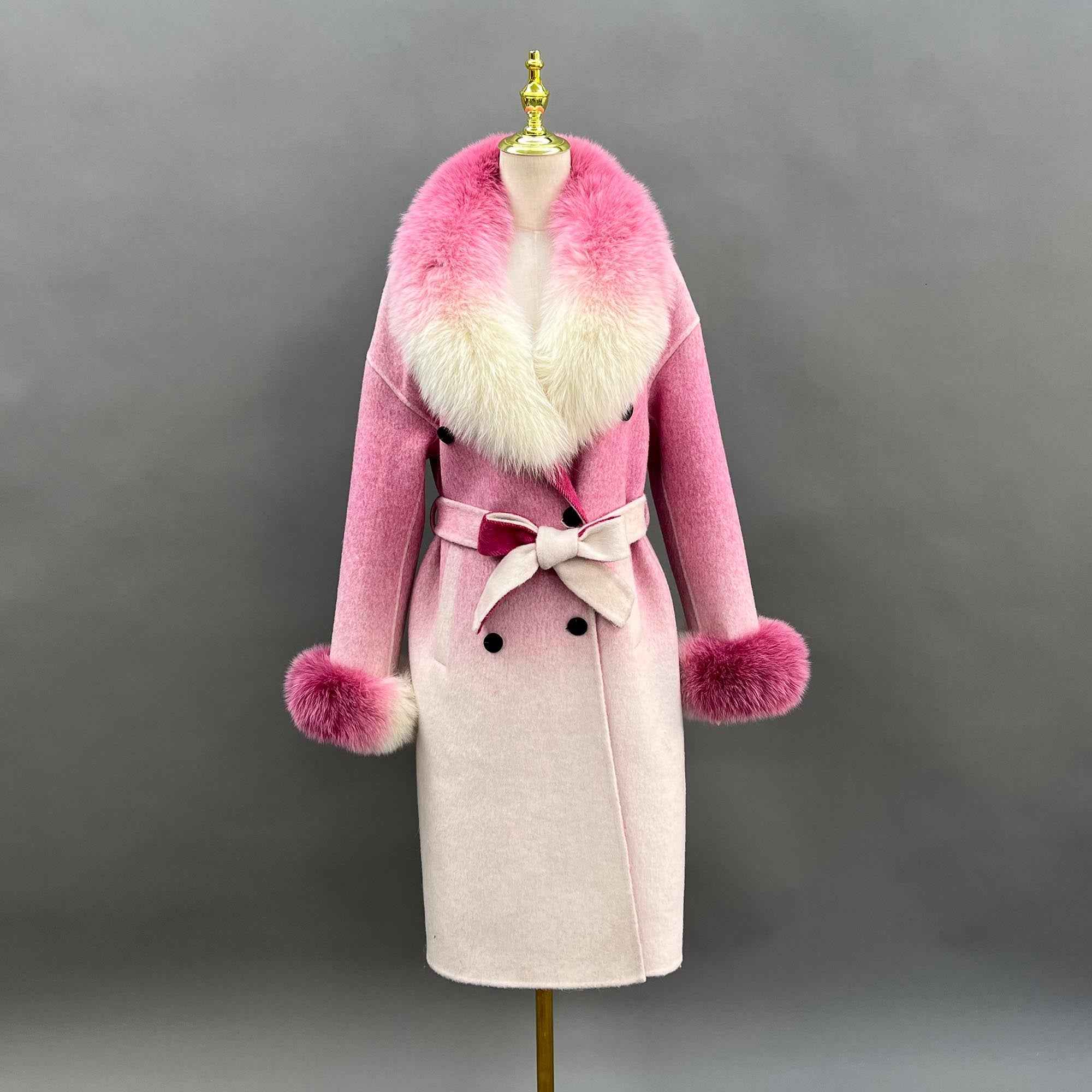 Janefur Trendy Gradient Color Real Fox Fur Collar Long Cashmere Coat for Women - Janefur