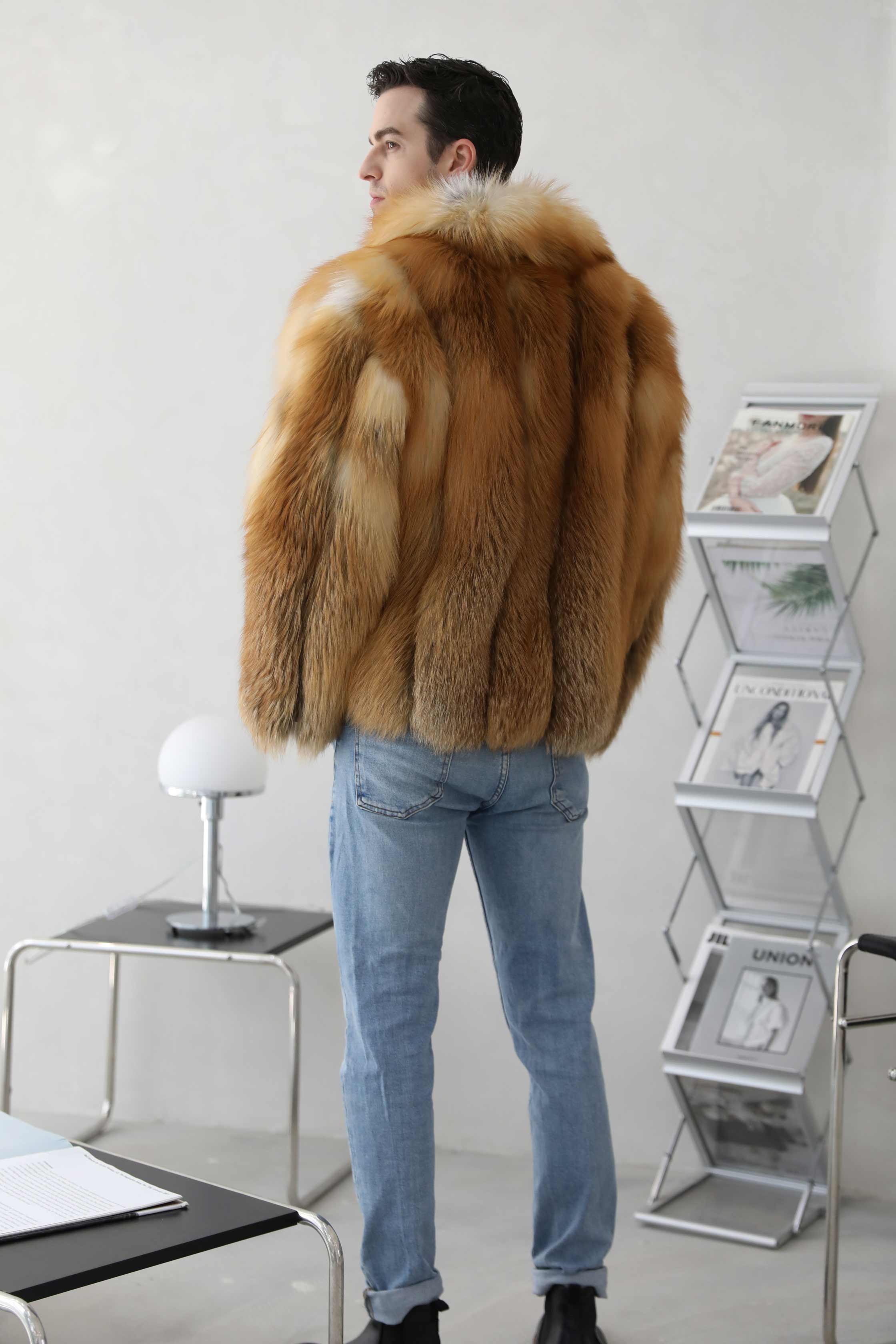 Men's Winter Fashion Regular Real Fox Fur Red Fox Coat - Janefur