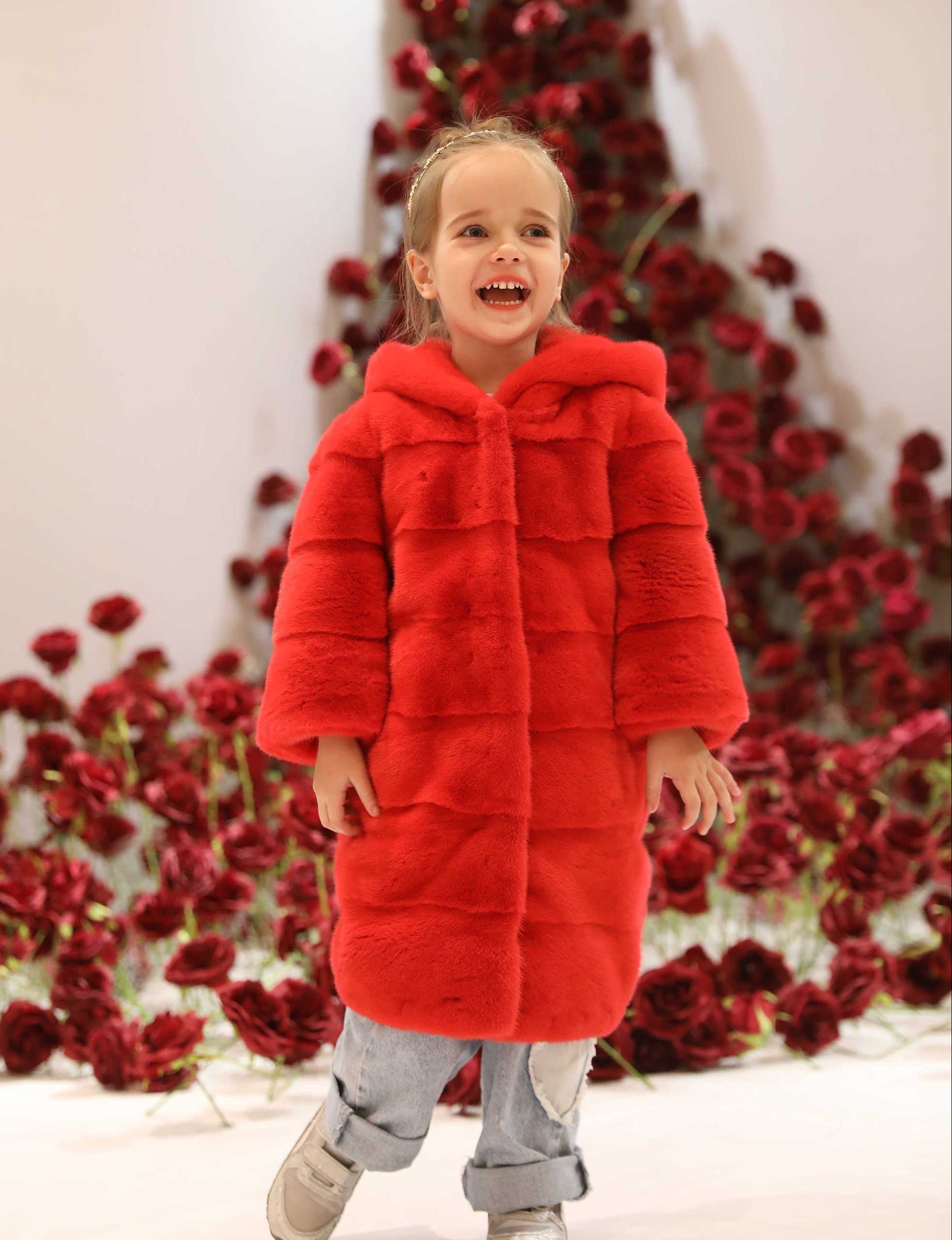 Mink Fur Children's Apparel Hood Coat Red F-chest 76cm