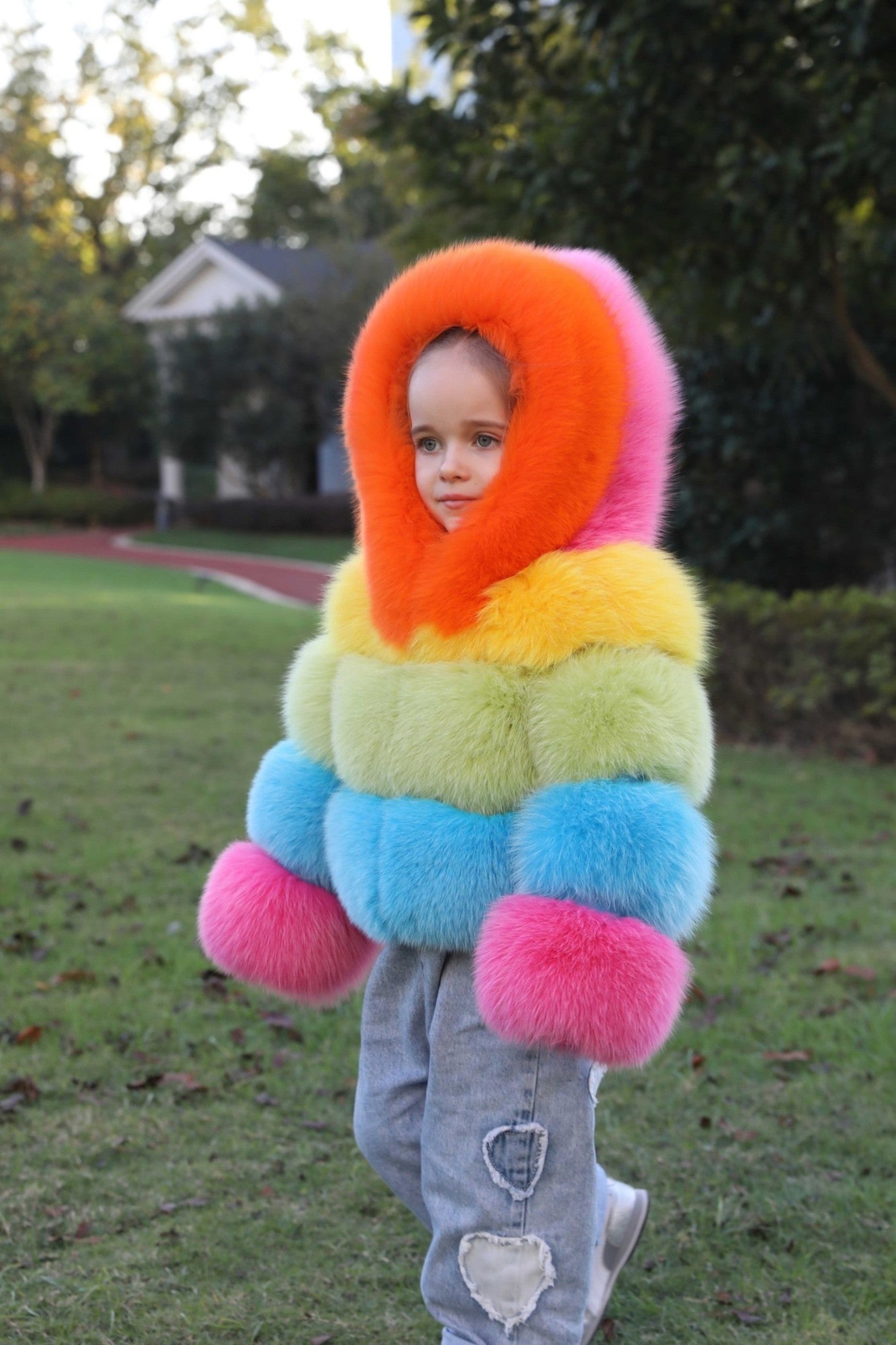 New Children's Winter Three Sections Splicing Fox Fur Hooded Coat Colorful Coat - Janefur