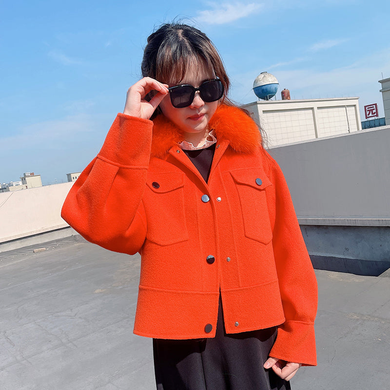 Women's Short Fox Fur Lapel Buckle Fly Casual Cashmere Jacket - Janefur