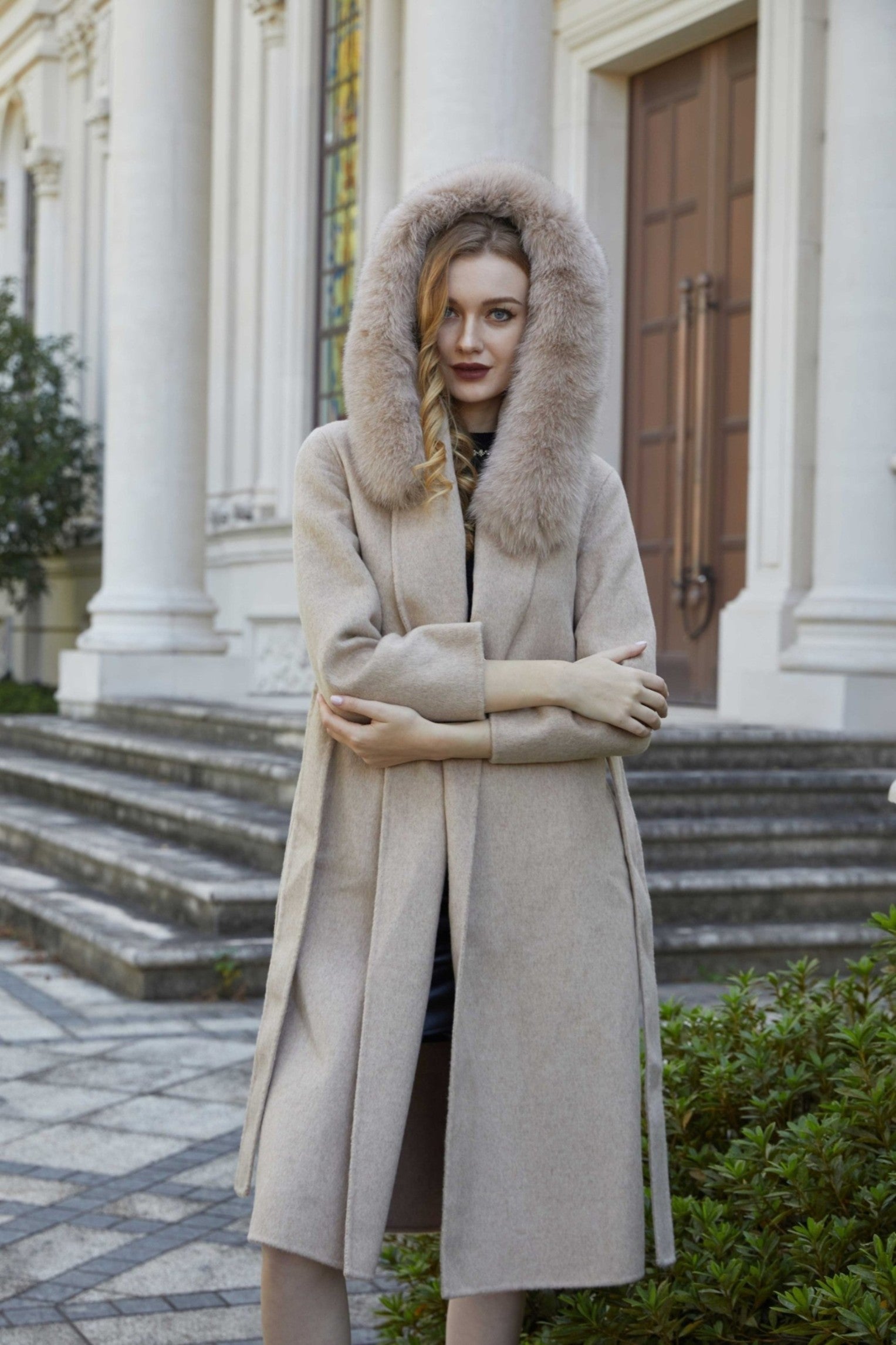 Women's French Slouchy Hooded Double Sided Cashmere Long Coat - Janefur