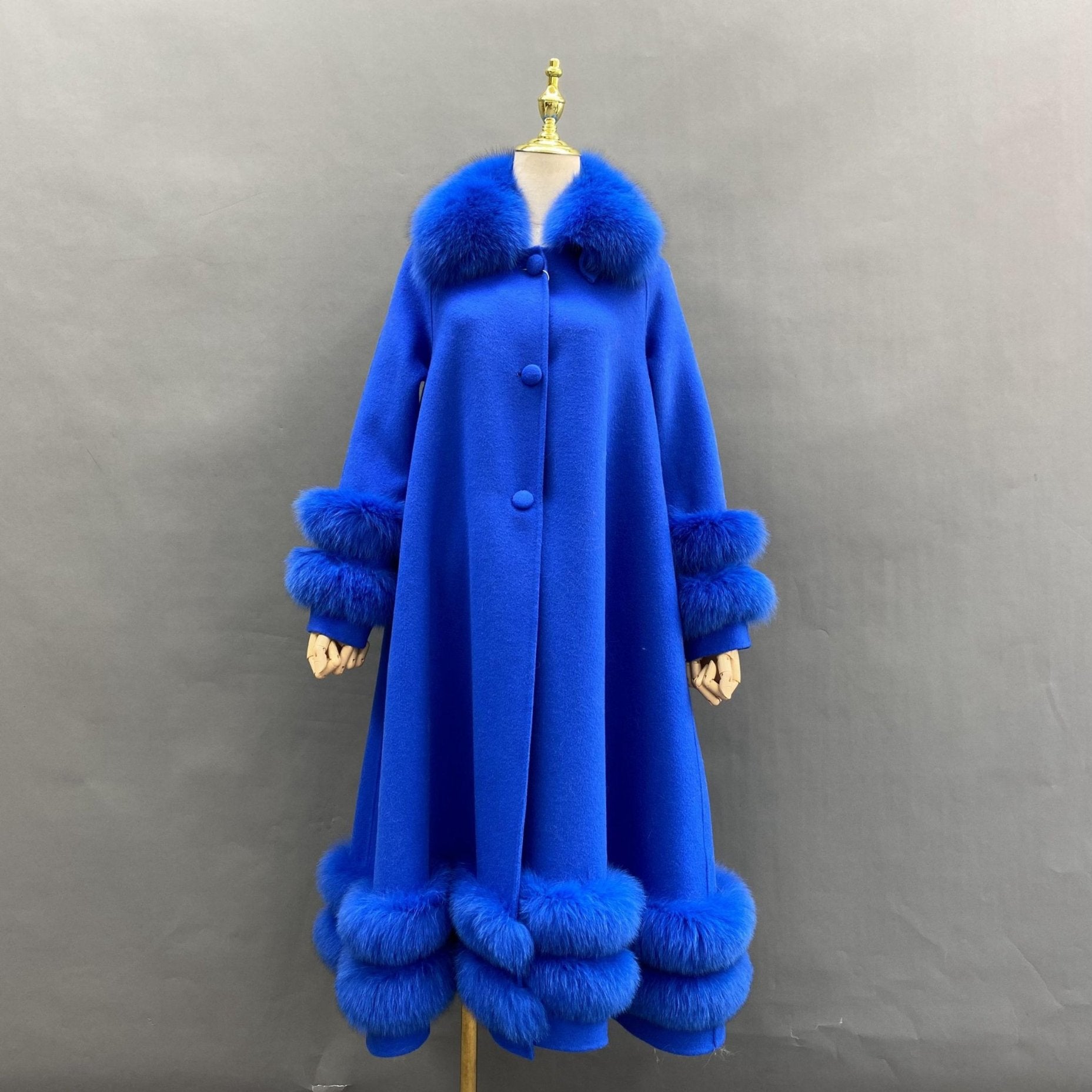 Women's Double Sided Cashmere Coat with Two Sections of Fur Collar at Hem and Cuffs - Janefur
