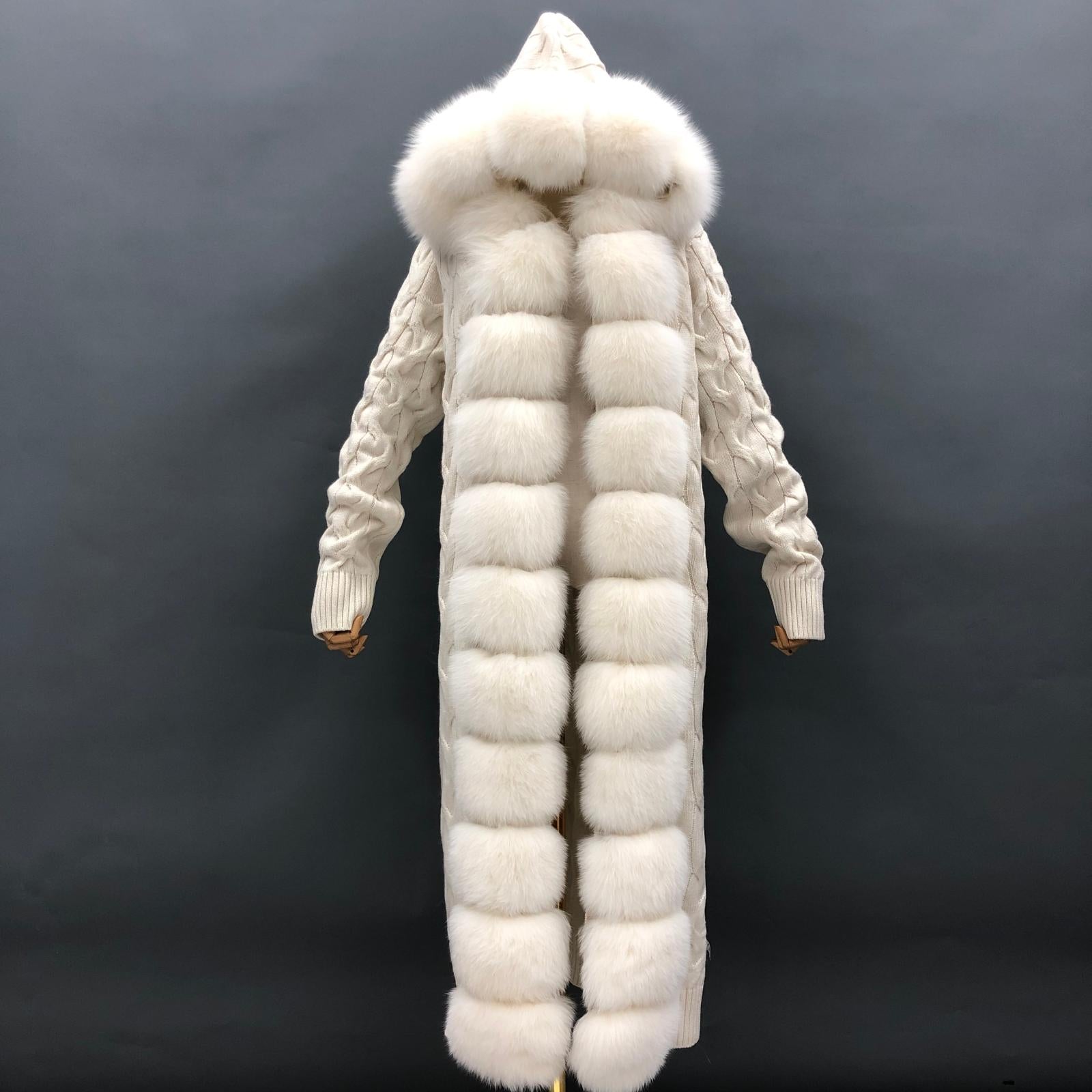 Women's Winter Fox Fur Lapel Hooded Knit Wool Fashion Long Coat - Janefur