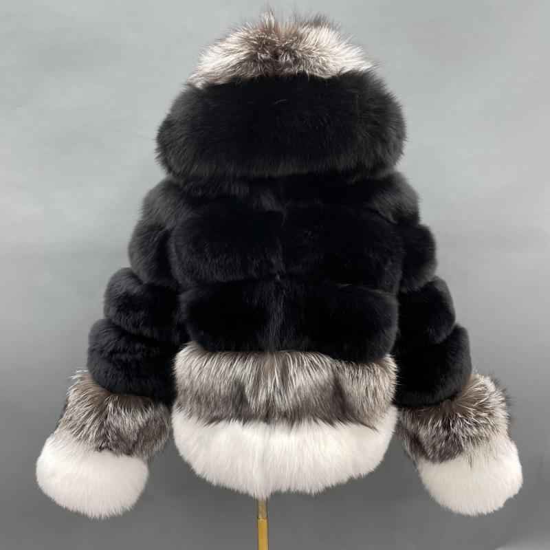 Women's Short Winter Trend Real Fox Fur Coat Solid Color Hooded - Janefur