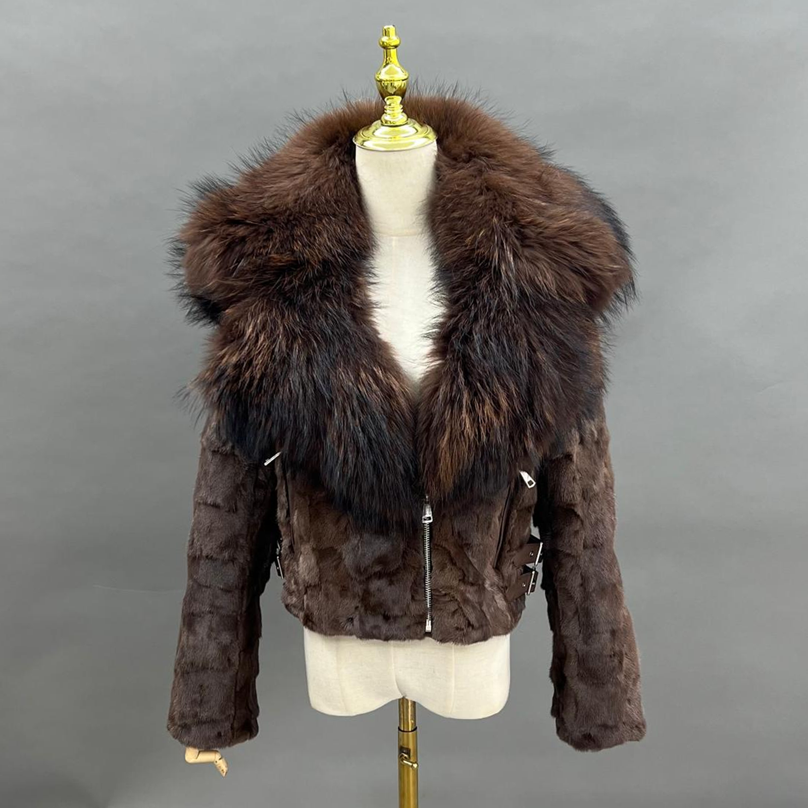 Raccoon Fur Collar Mink Fur-Blended Women's Short Casual Jacket with Detachable Hood - Janefur