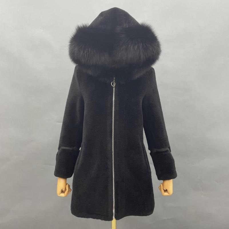 Creamy White Hooded Fox Fur Collar Shearling - Janefur