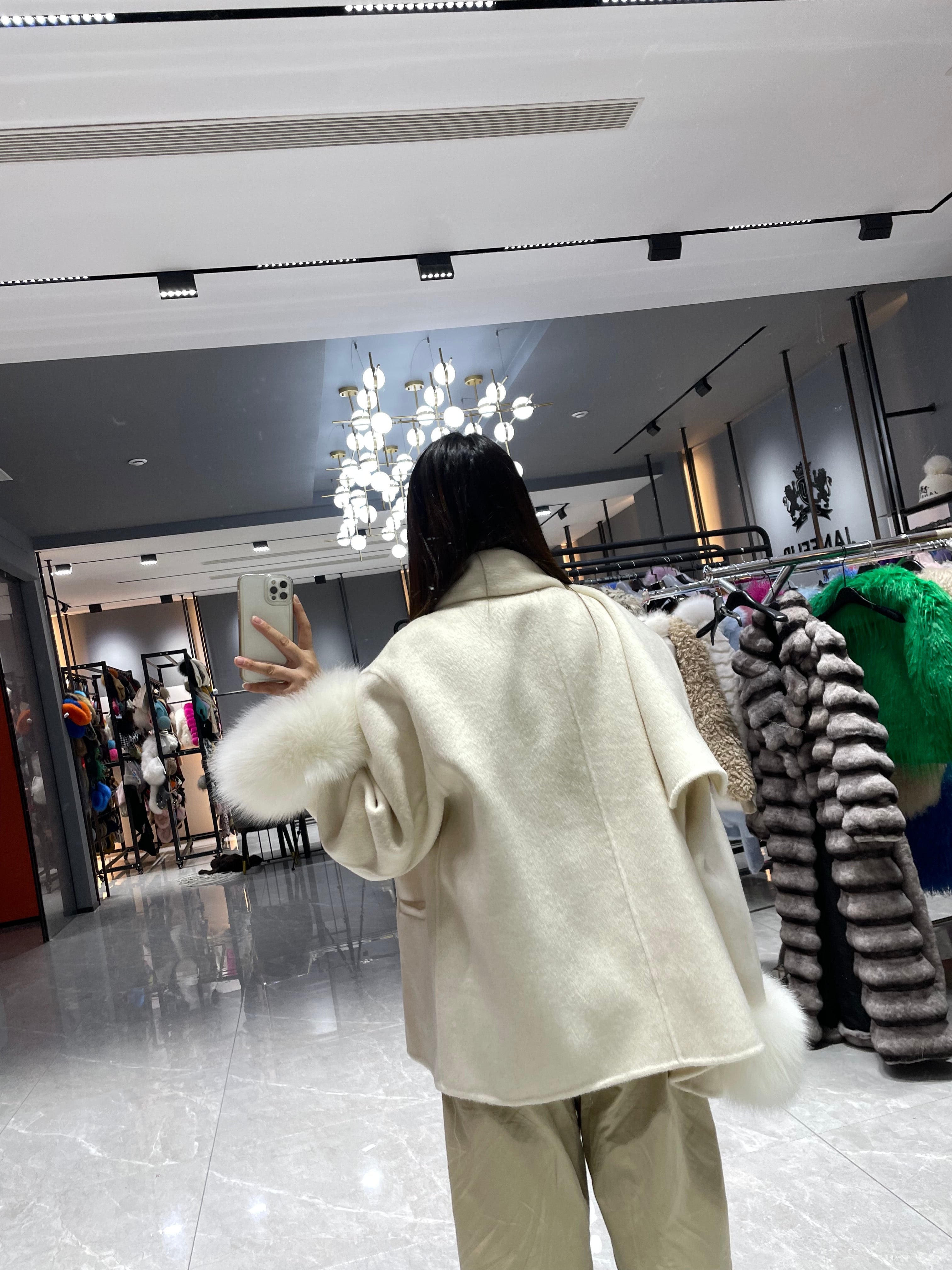 New Women’s Double-Faced Wool Coat with Scarf and Real Fox Fur Cuffs – Short Winter Jacket - Janefur
