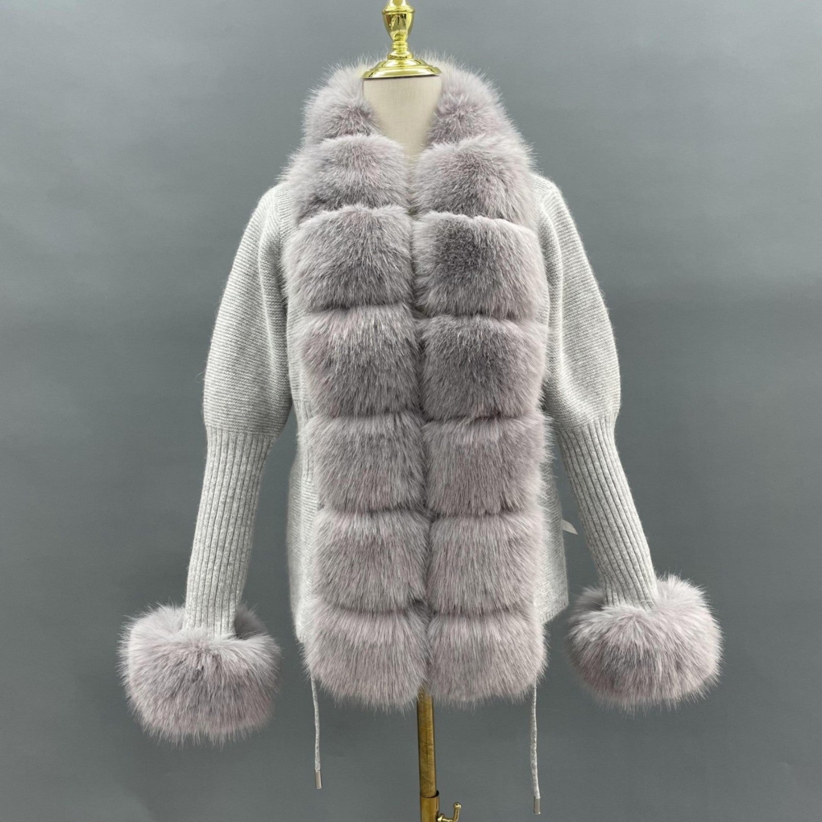 Women's Knitted Sweater Coat Cuff Placket with Eco-Fur Faux Fur - Janefur