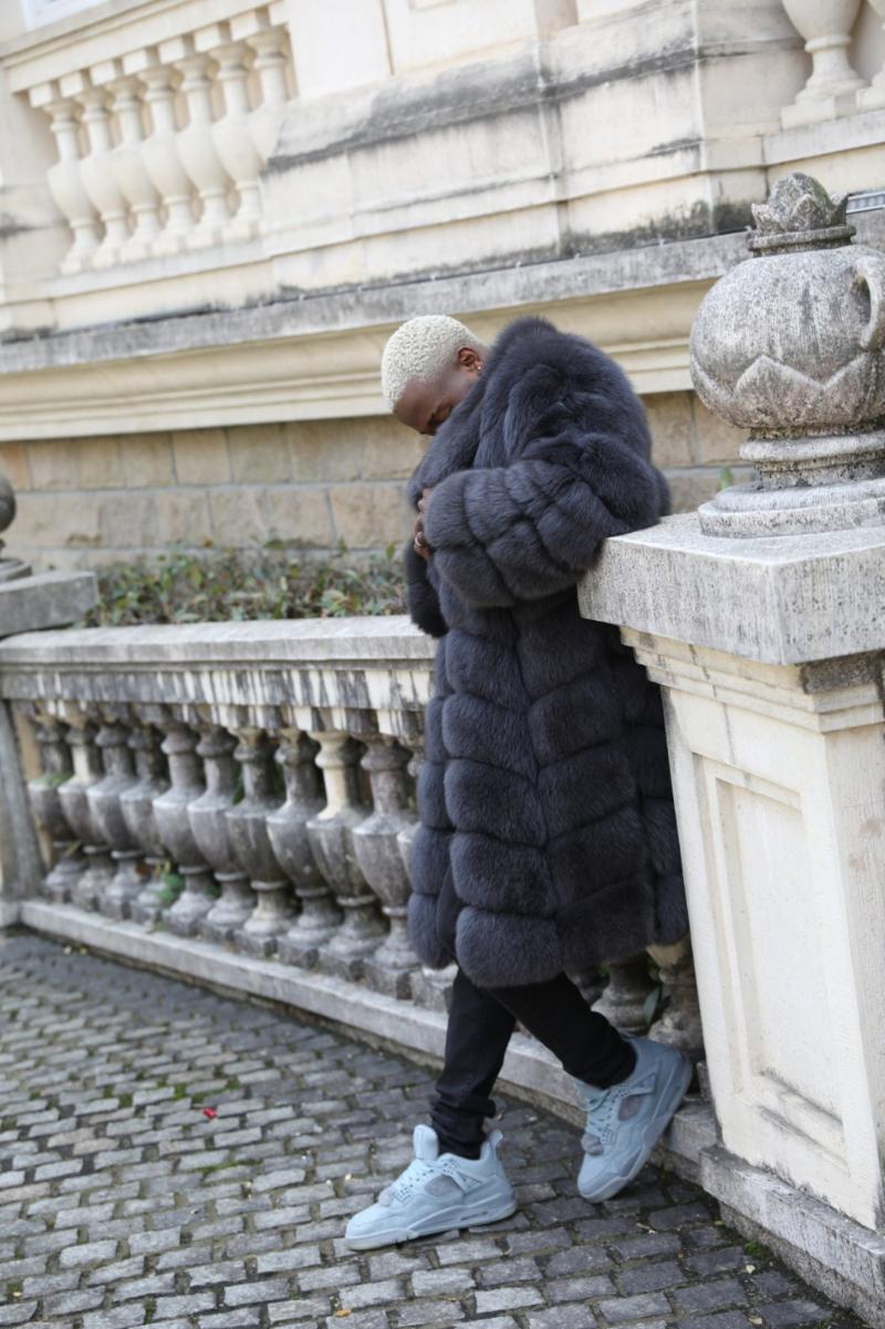 Men's long coat with a nine-section bread pattern and blue fox fur - Janefur