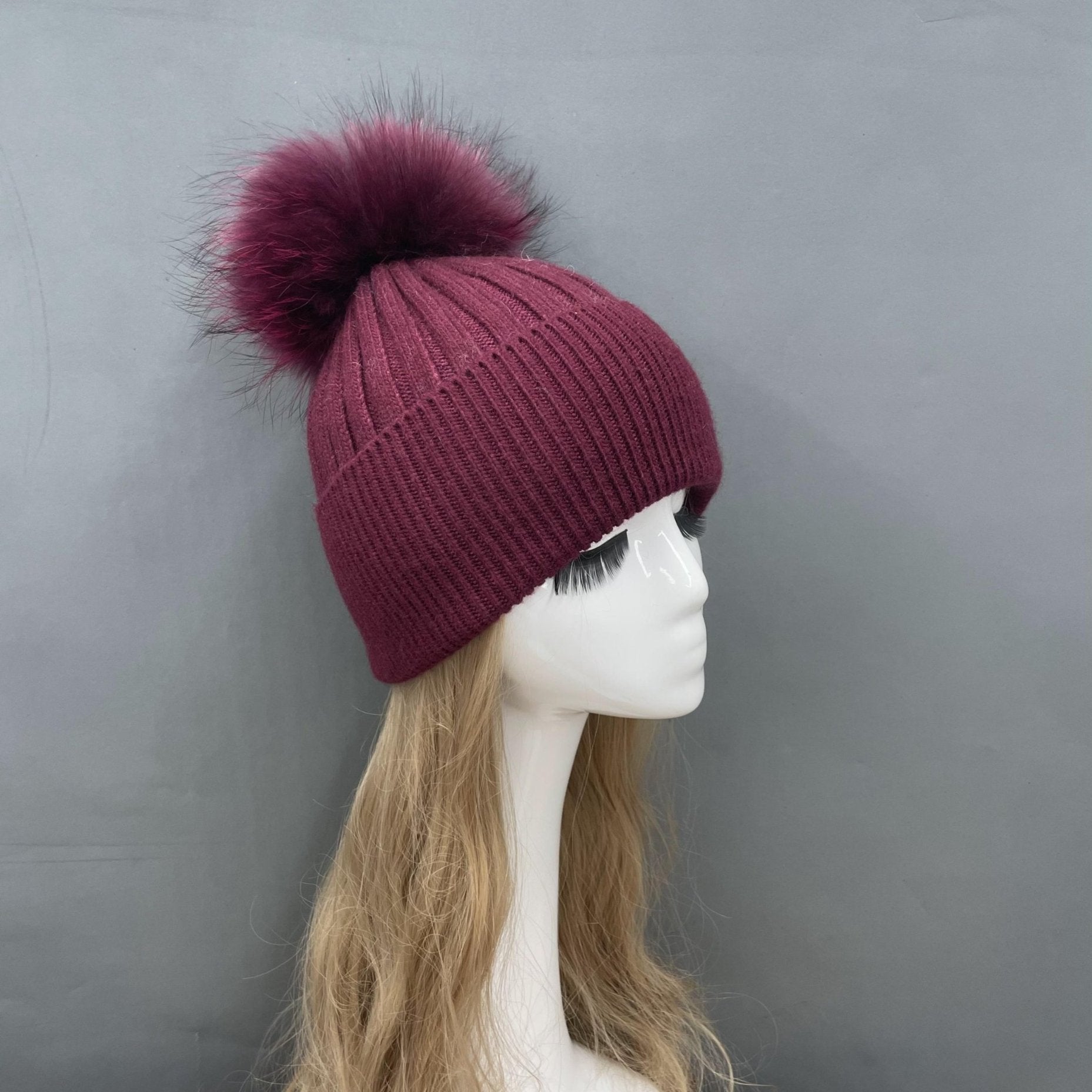 Winter Knitted Angora Beanie Hat With Removable Fur Pom Pom - Janefur