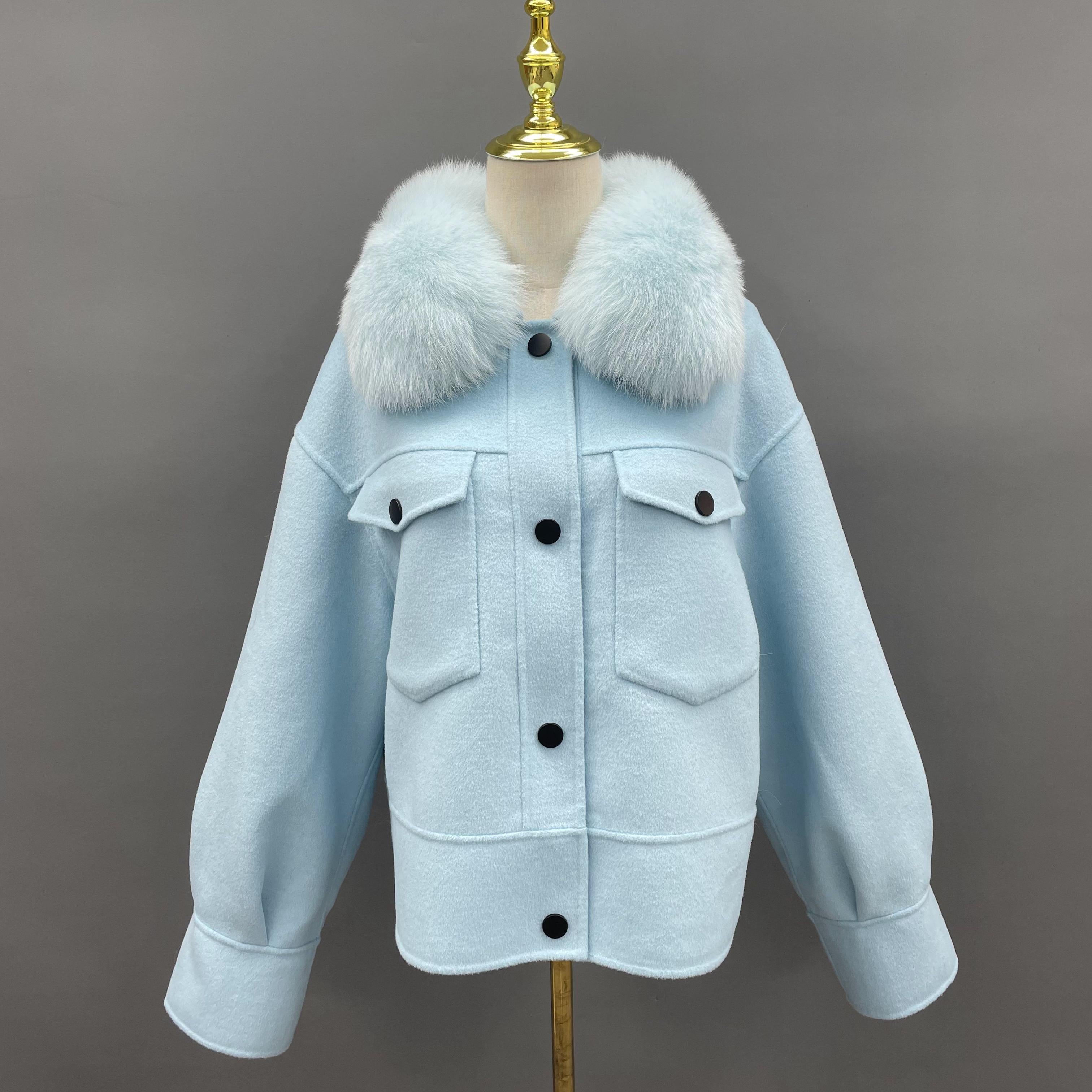 Women's Short Fox Fur Lapel Buckle Fly Casual Cashmere Jacket - Janefur