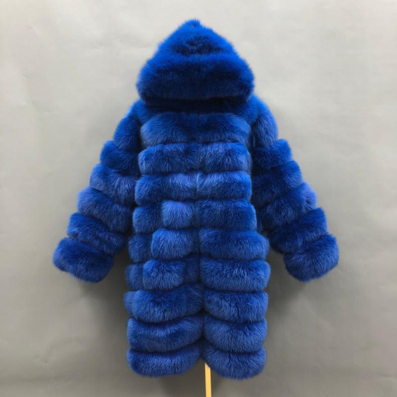 Long Blue Fox Hooded Fox Fur Coat - Janefur