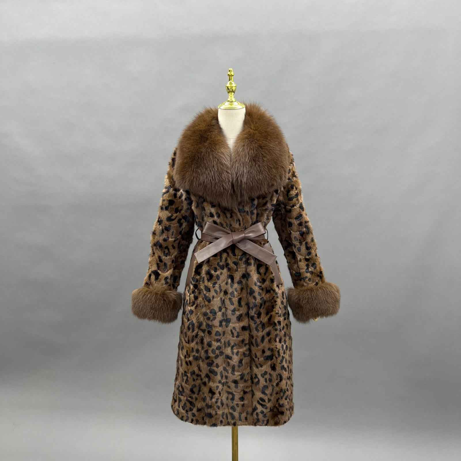 Fox Fur Collar Women's Mink-trimmed Belted Fashionable Coat Fur Jacket - Janefur
