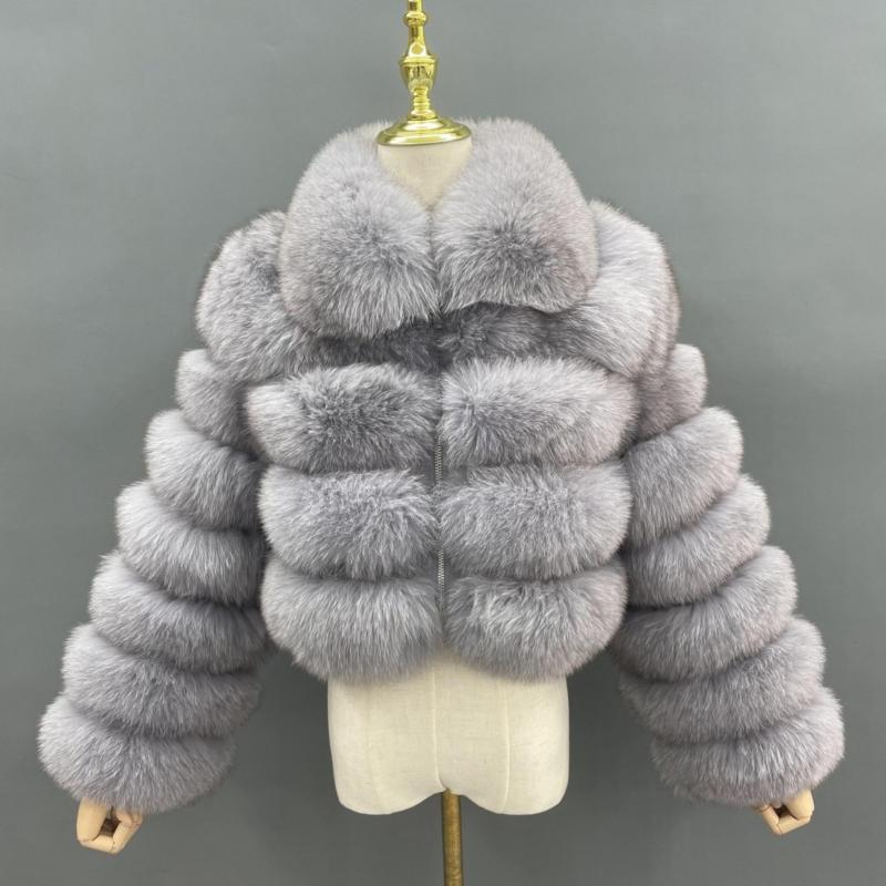 Women's Short Zip Fox Leather Jacket Square Neck Fluffy Fashion Coat - Janefur