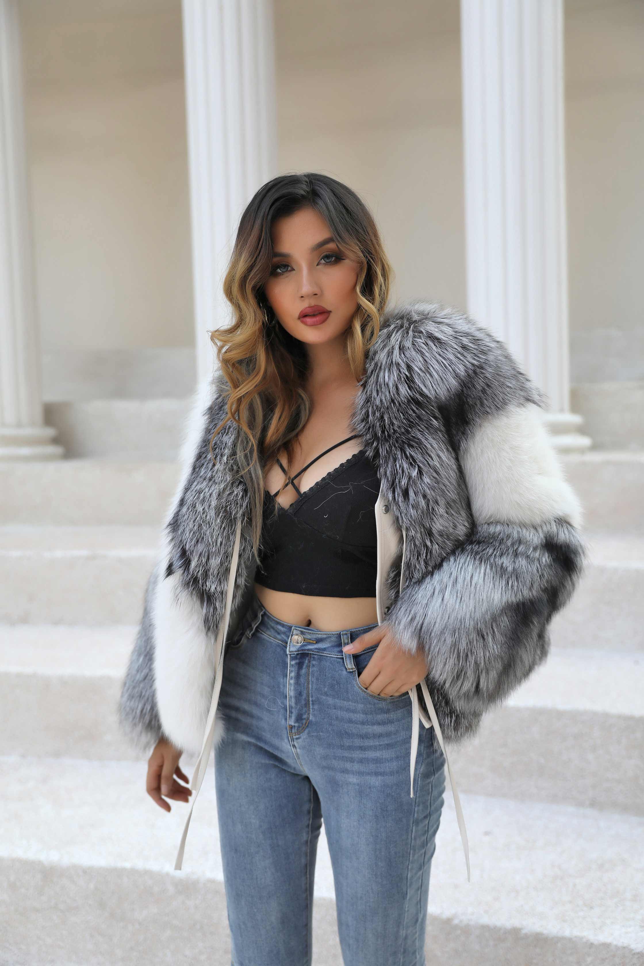 Women's Winter Warm Real Fox Fur Luxury Color Matching Short Coat - Janefur
