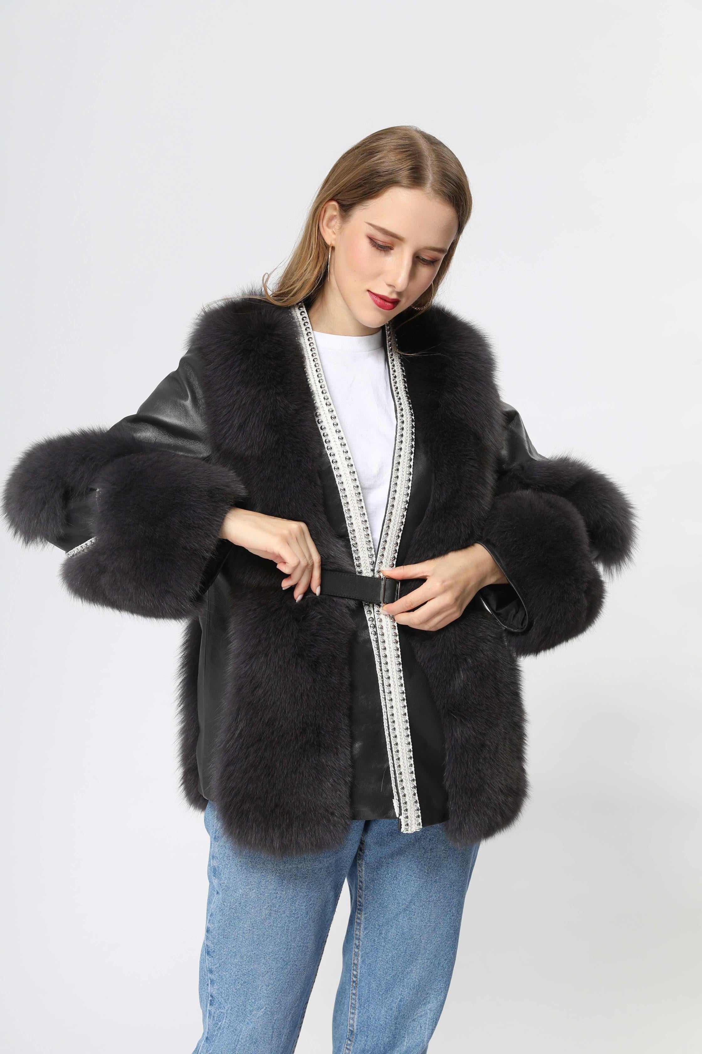 Women's Fox Fur Patchwork Leather Rivet Front Winter Coat - Janefur