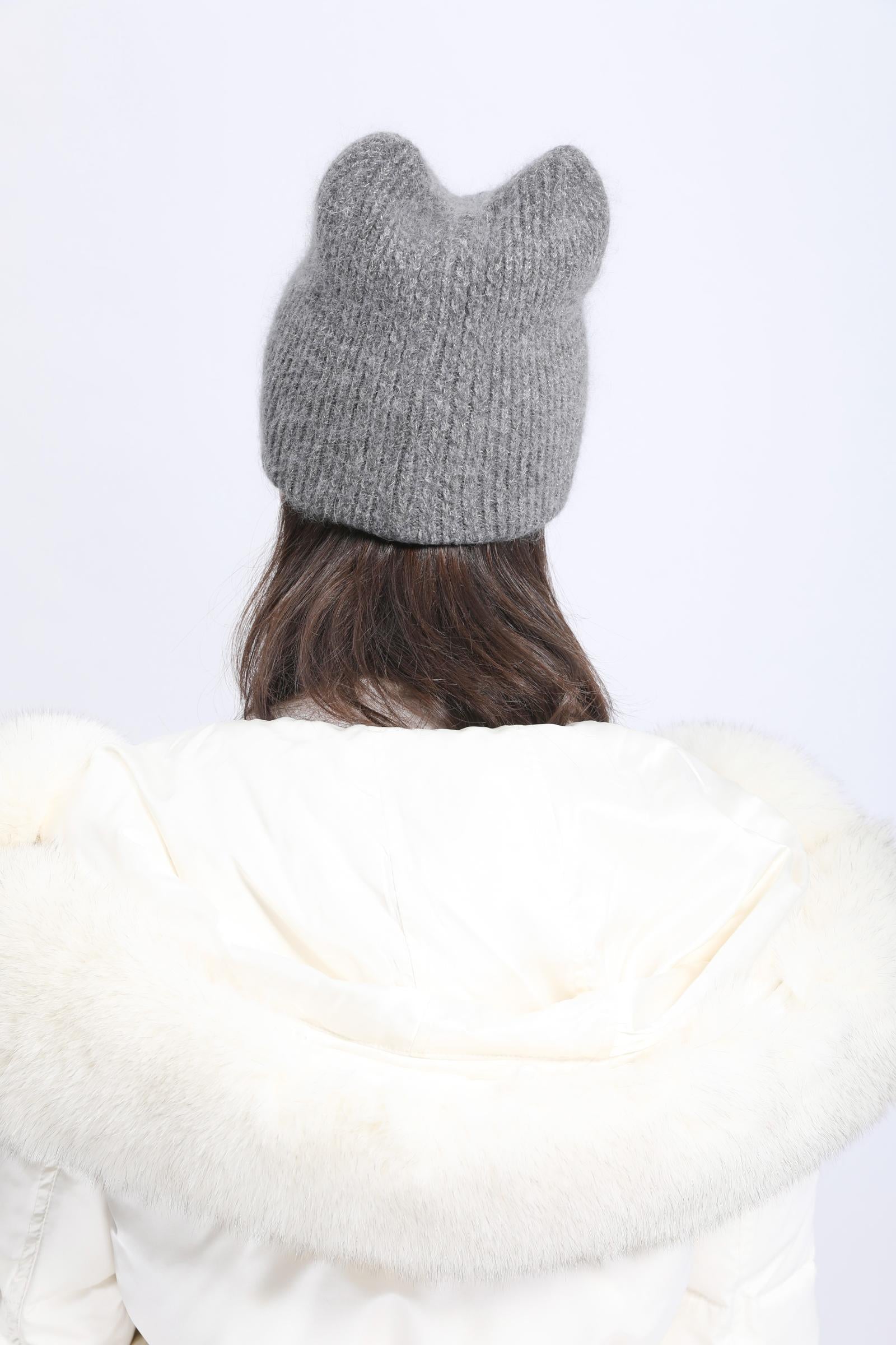 Women Cat Ears Double Layer Knitted Beanie Hat - Janefur