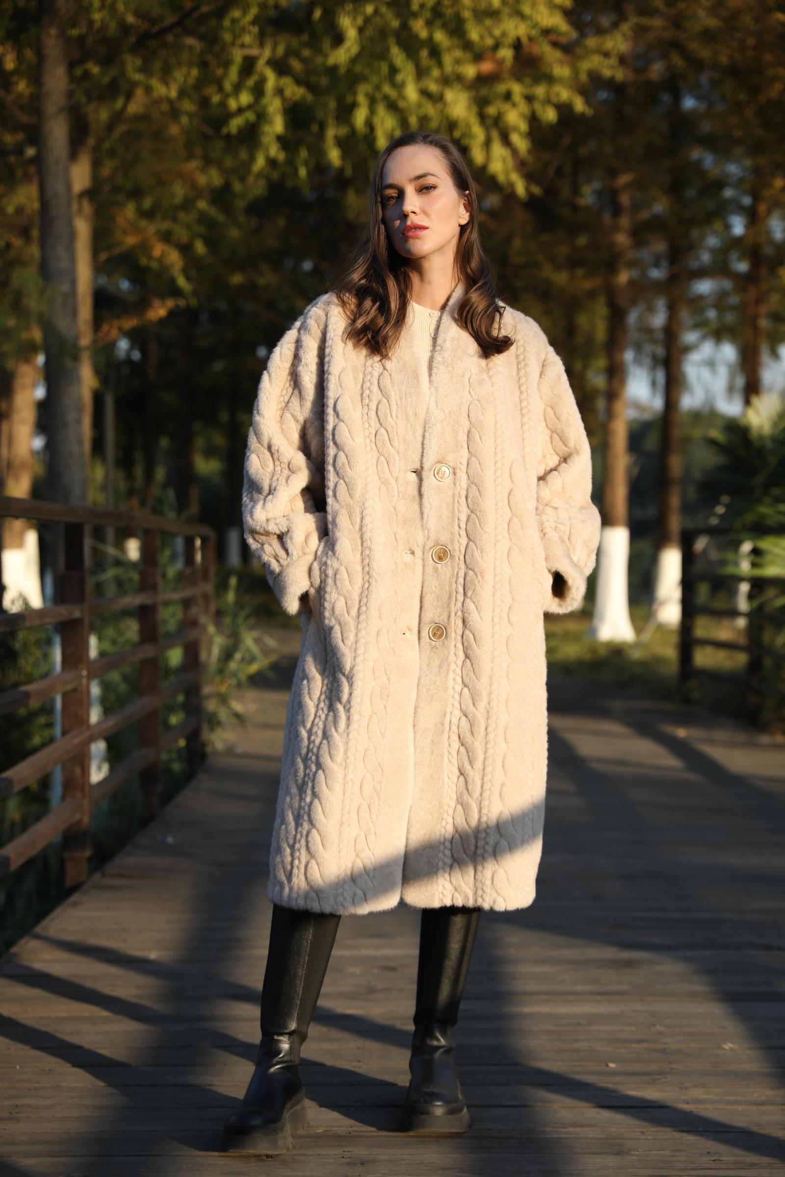 Women's Slim Elegant V-neck Long Faux Mink Jacket - Janefur