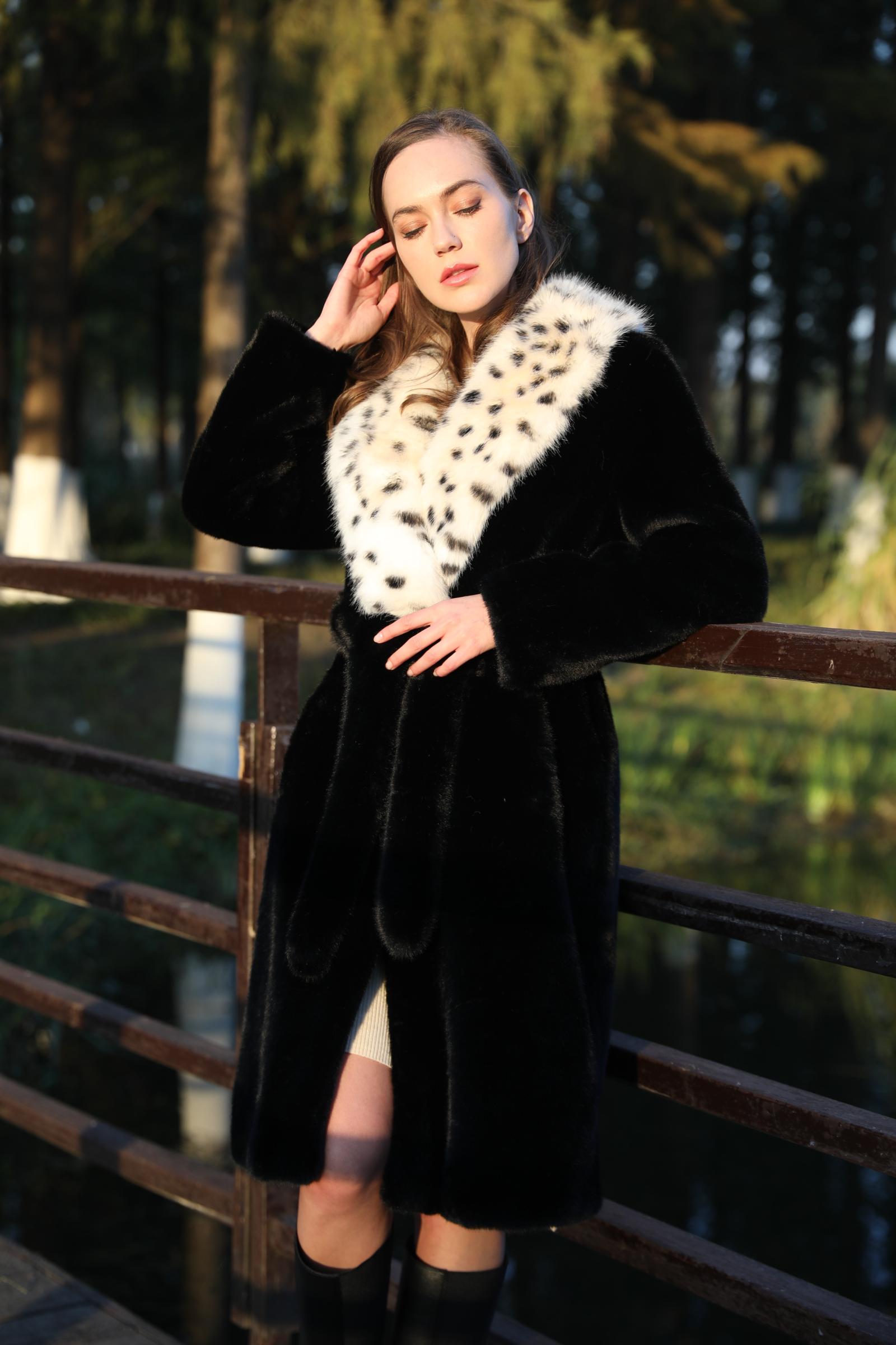 Women's Chic Leopard Print Large Lapel Faux Mink Eco-Friendly Fur Coat - Janefur