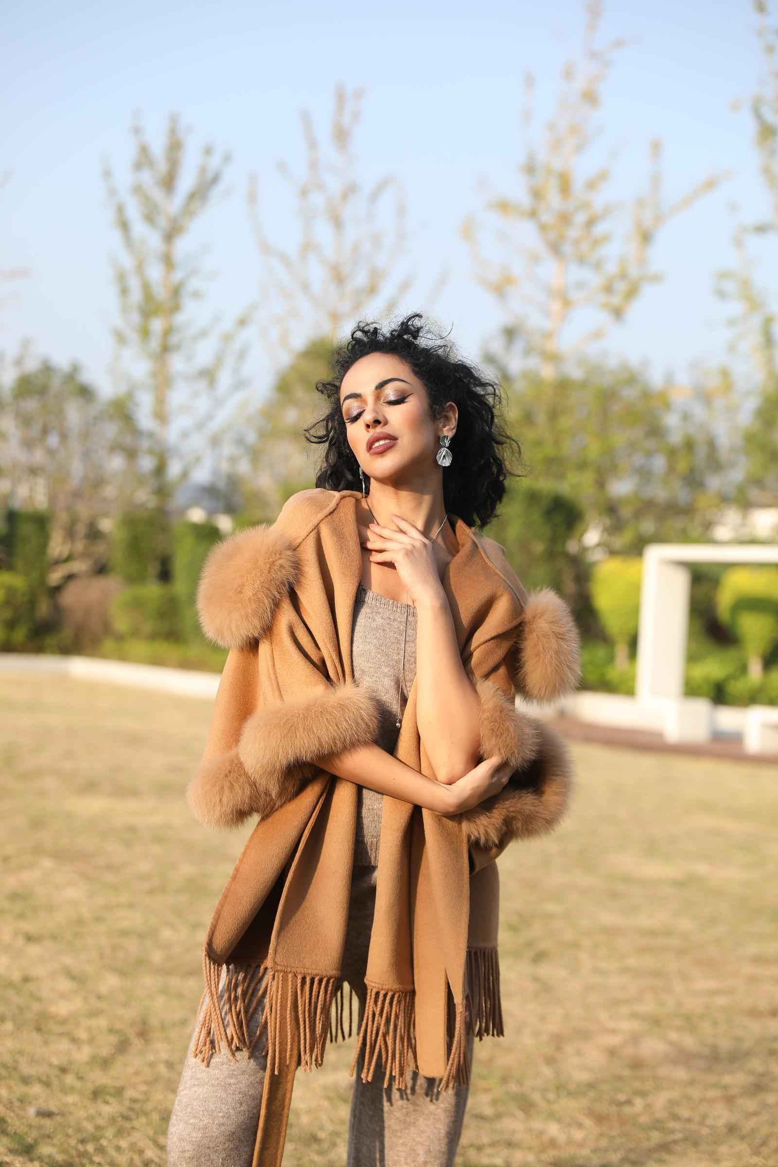Double-Faced Cashmere Cape Coat for Women with Hood and Fringe Double-Faced Wool Outer Jacket - Janefur