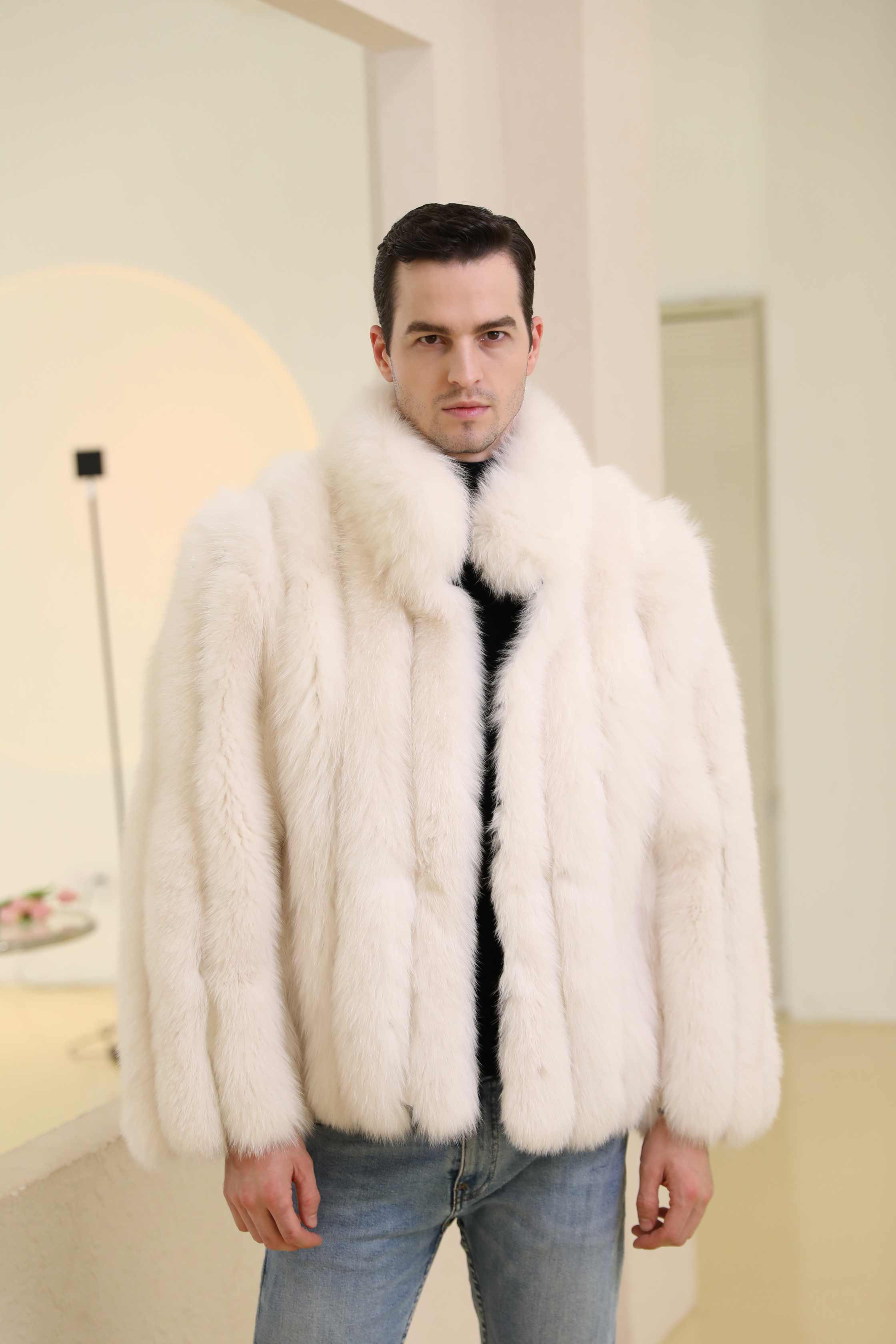 Men's Winter Coat With Stand-up Collar And Vertical Stripes Real Fox Fur - Janefur