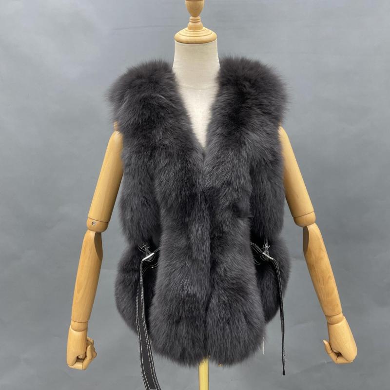 Ladies Fox Fur Vest Leather Buckle Tab - Janefur