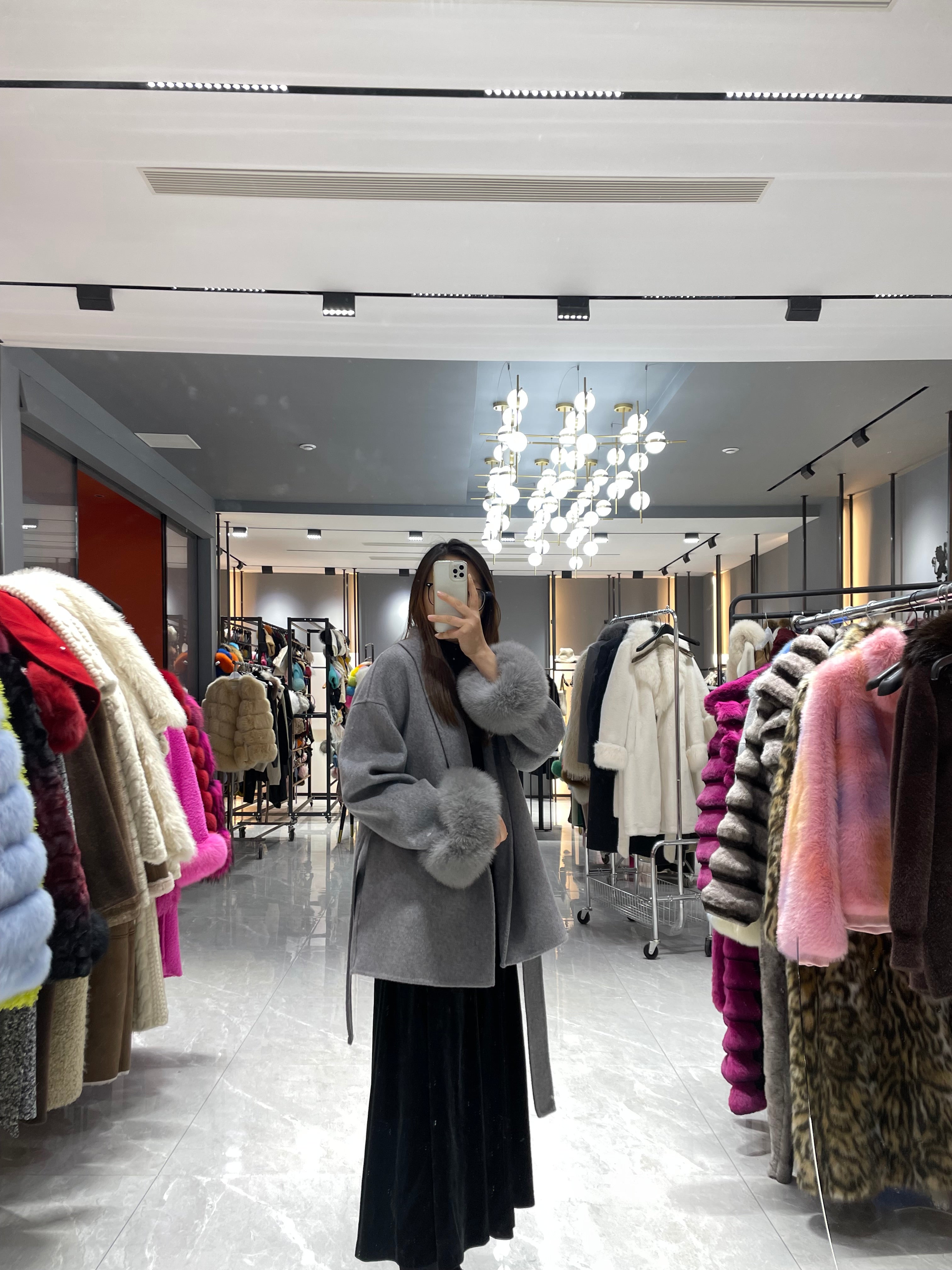 Elegant Belted Cashmere Wool Coat with Real Fox Fur Cuffs – Oversized Drop-Shoulder Design - Janefur