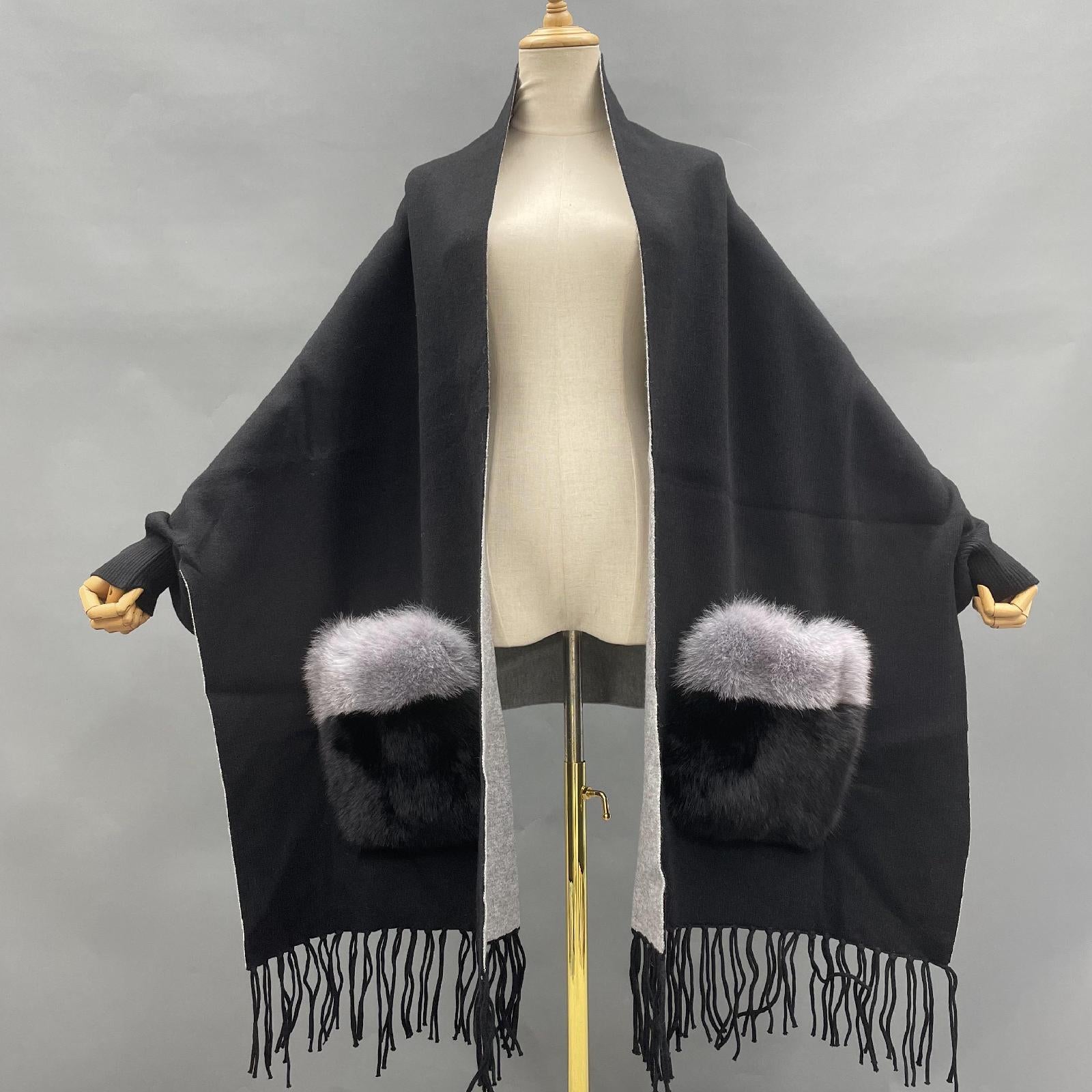 Women's Shawl Cape with Pockets Fur Contrast Ribbed Cuffs Fashionable Soft Sleeved New Cape - Janefur