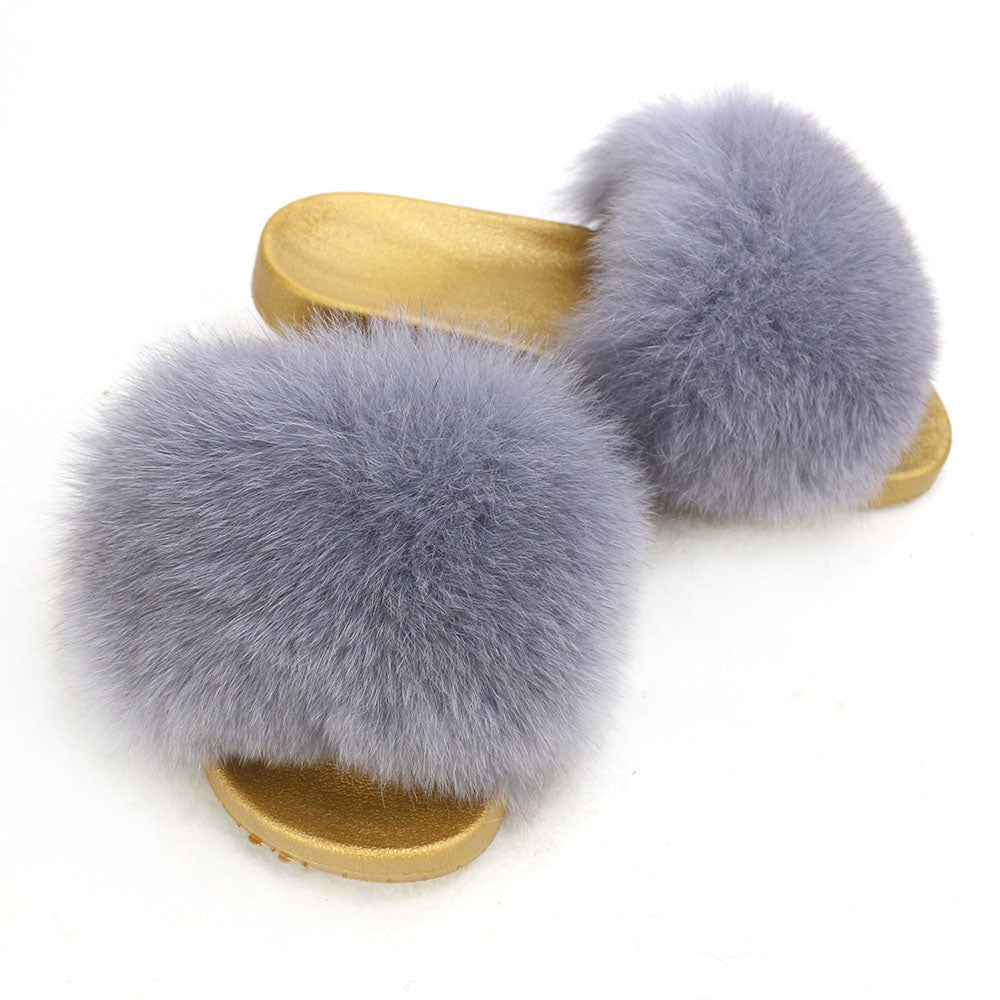 Janefur Wholesale Women's Fashion Slippers With Real Fox Fur Trim (Black, Gold, Silver Soles)