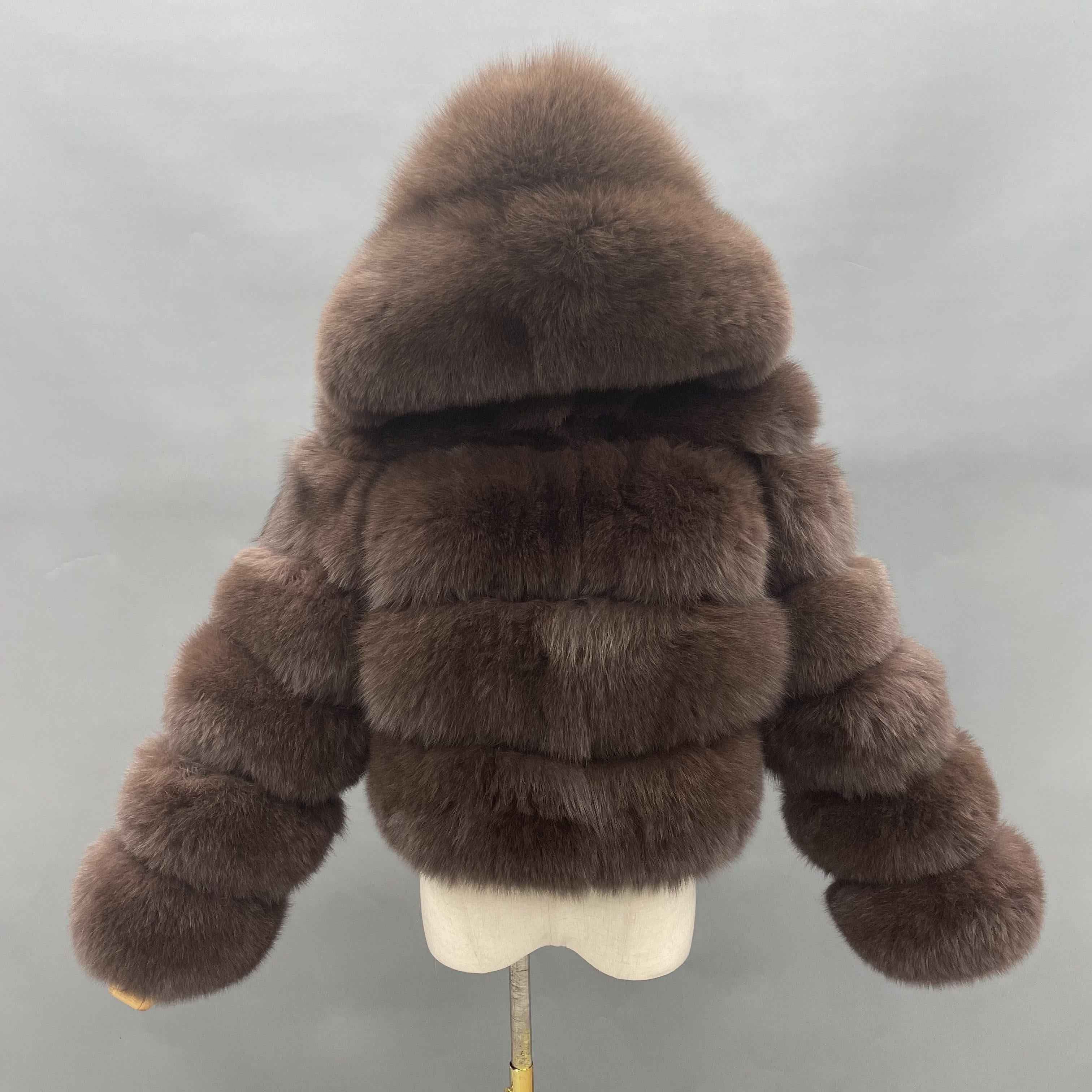 Women's Premium Fox Fur Hooded Short Coat - Layered Design Winter Fashion Warm Jacket Brown