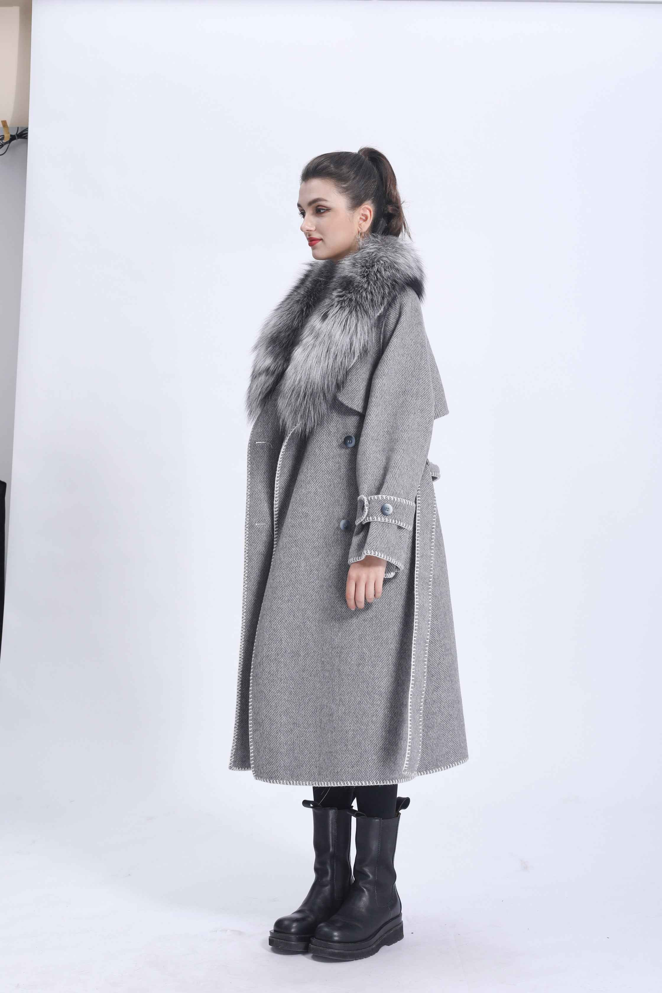 Women's Luxury Double - Faced Herringbone Wool Trench Coat with Large Fox Fur Collar, Belted & Contrast Stitching, Elegant Winter Outerwear